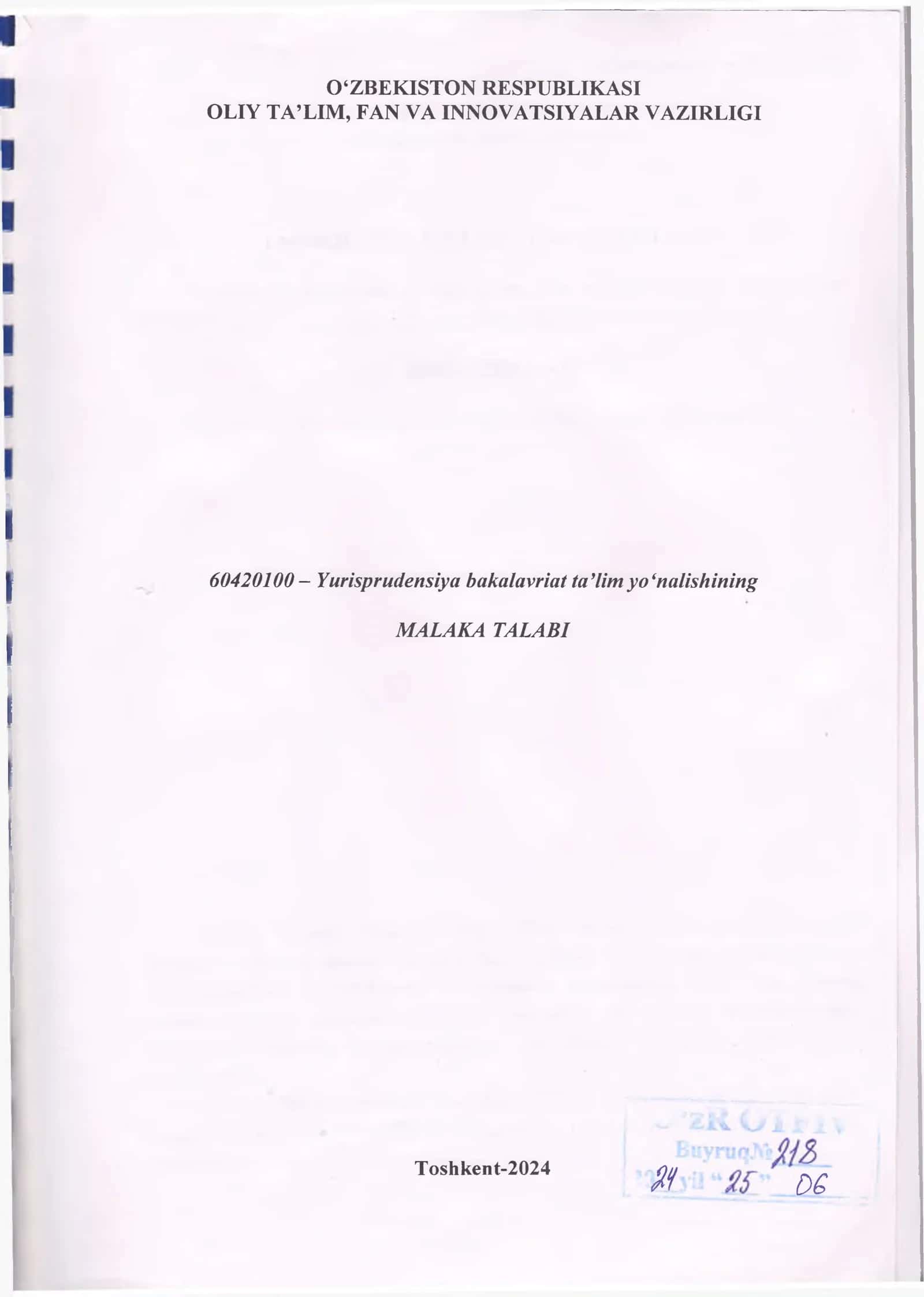 60420100 - Yurisprudensiya bakalavriat ta’lim yo‘nalishining MALAKA TALABI 1