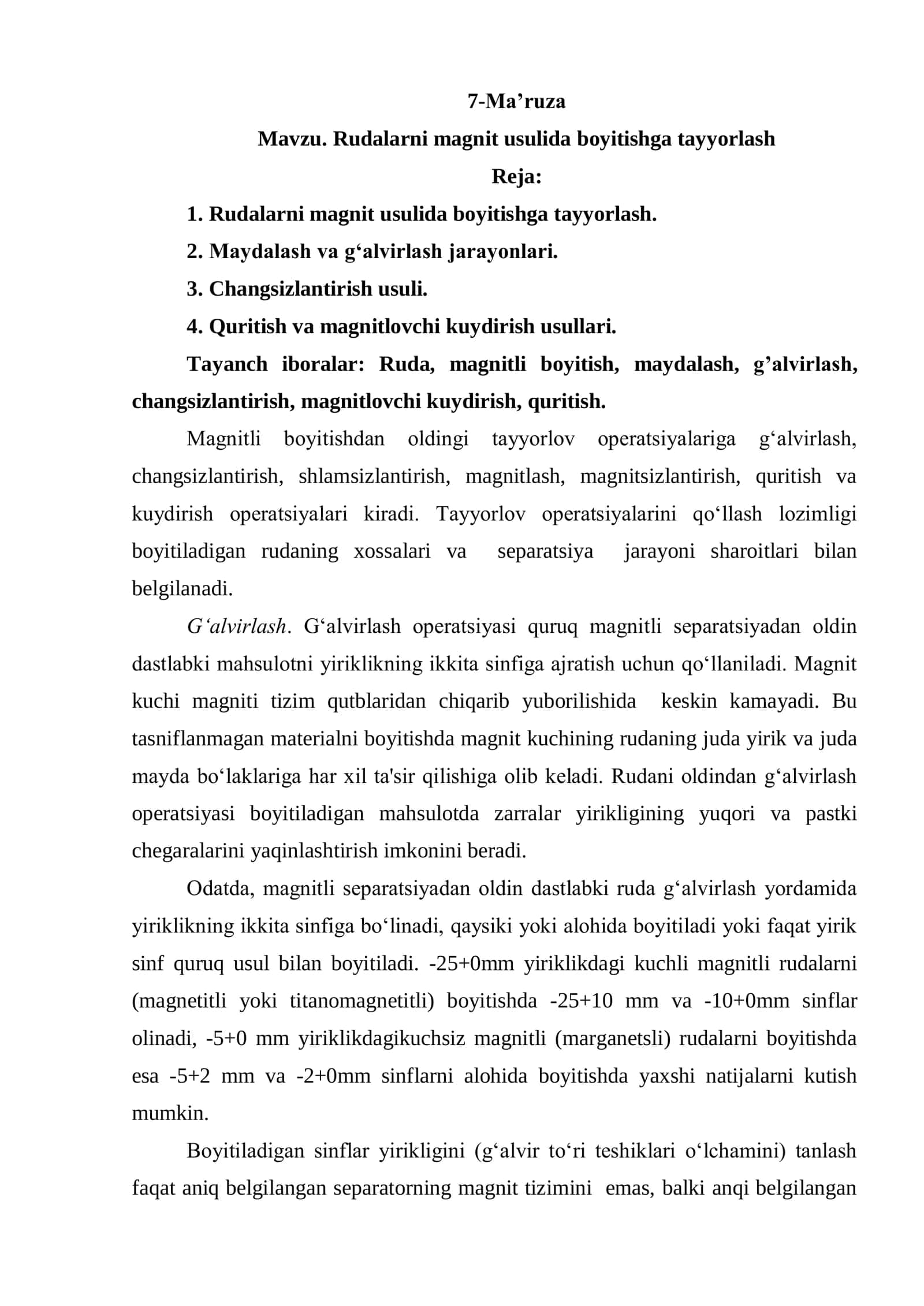 Rudalarni  magnit usulida boyitishga tayyorlash 1