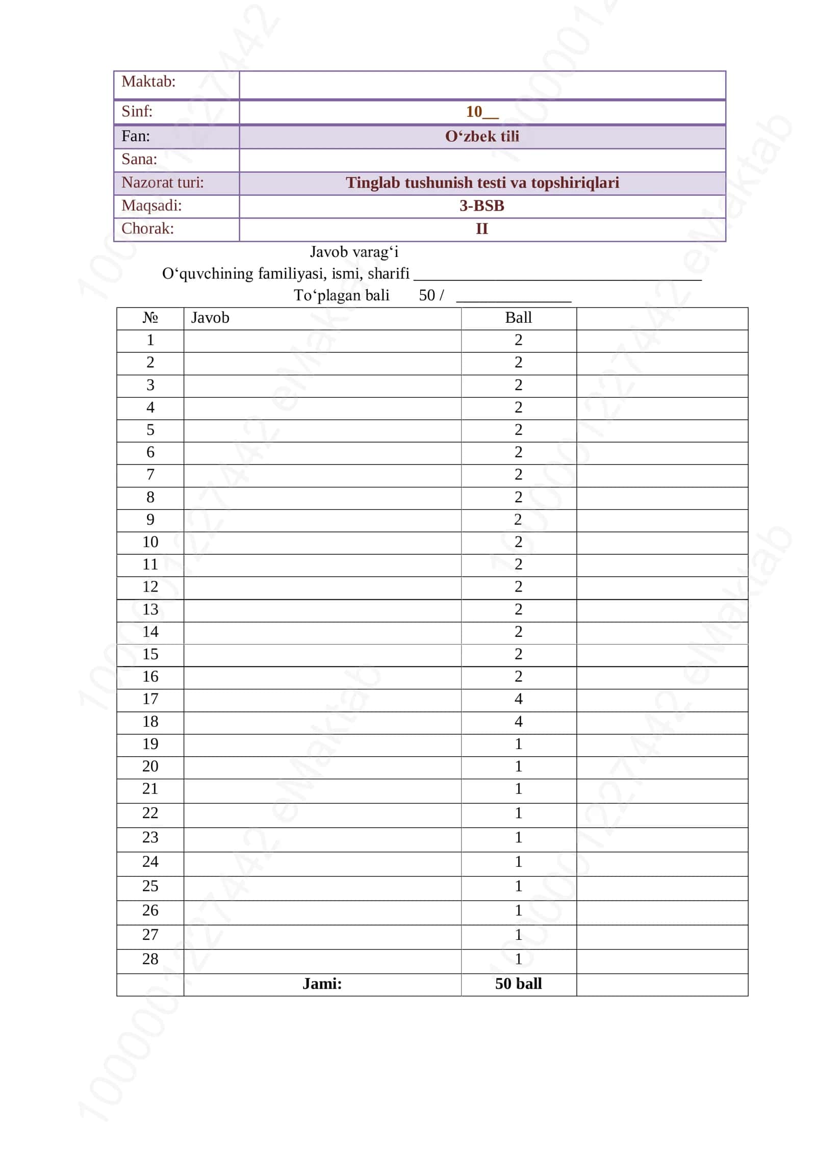 Tinglab tushunish testi 1