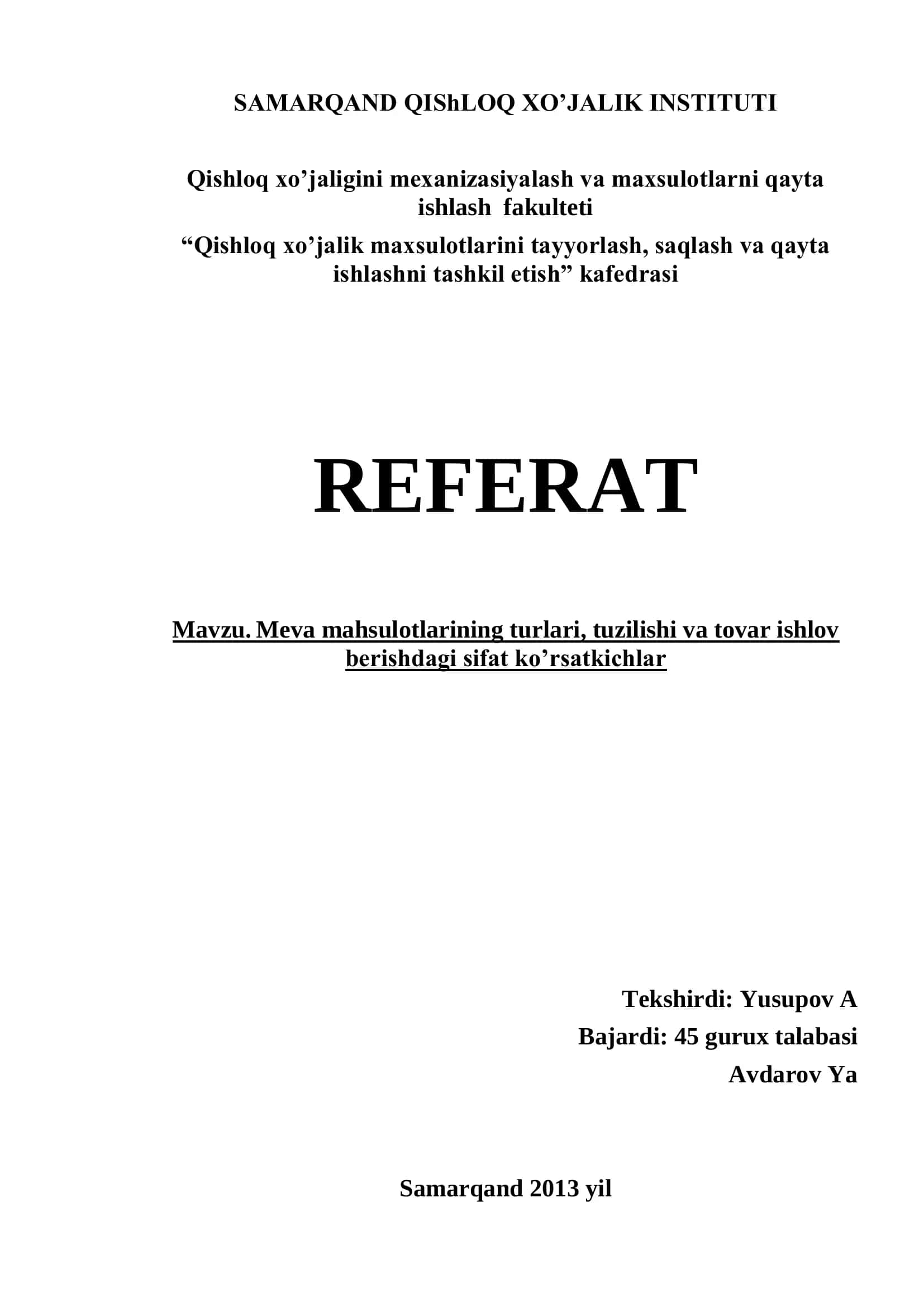 Meva Mahsulotlarini Tayyorlash va Qayta Ishlash Referati 1