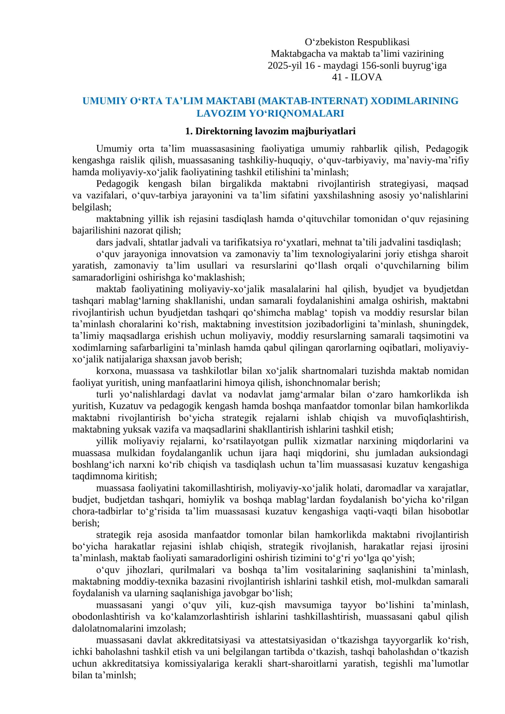 UMUMIY OʻRTA TAʼLIM MAKTABI (MAKTAB-INTERNAT) XODIMLARINING LAVOZIM YOʻRIQNOMALARI 1