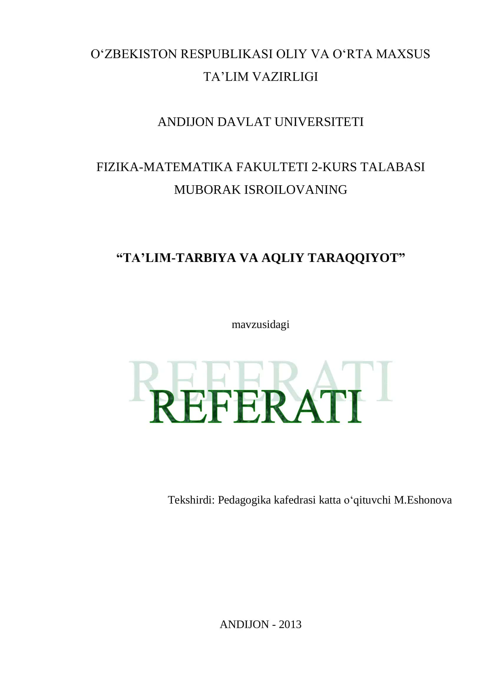 TA’LIM-TARBIYA VA AQLIY TARAQQIYOT 1