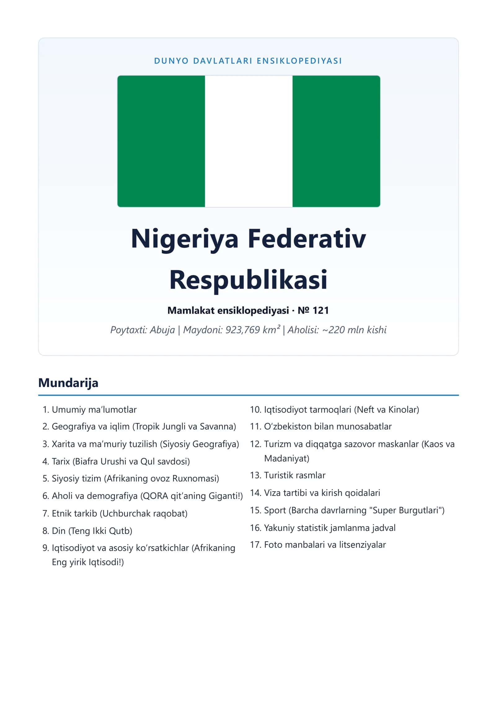 Nigeriya Federativ Respublikasi Mamlakat ensiklopediyasi 1