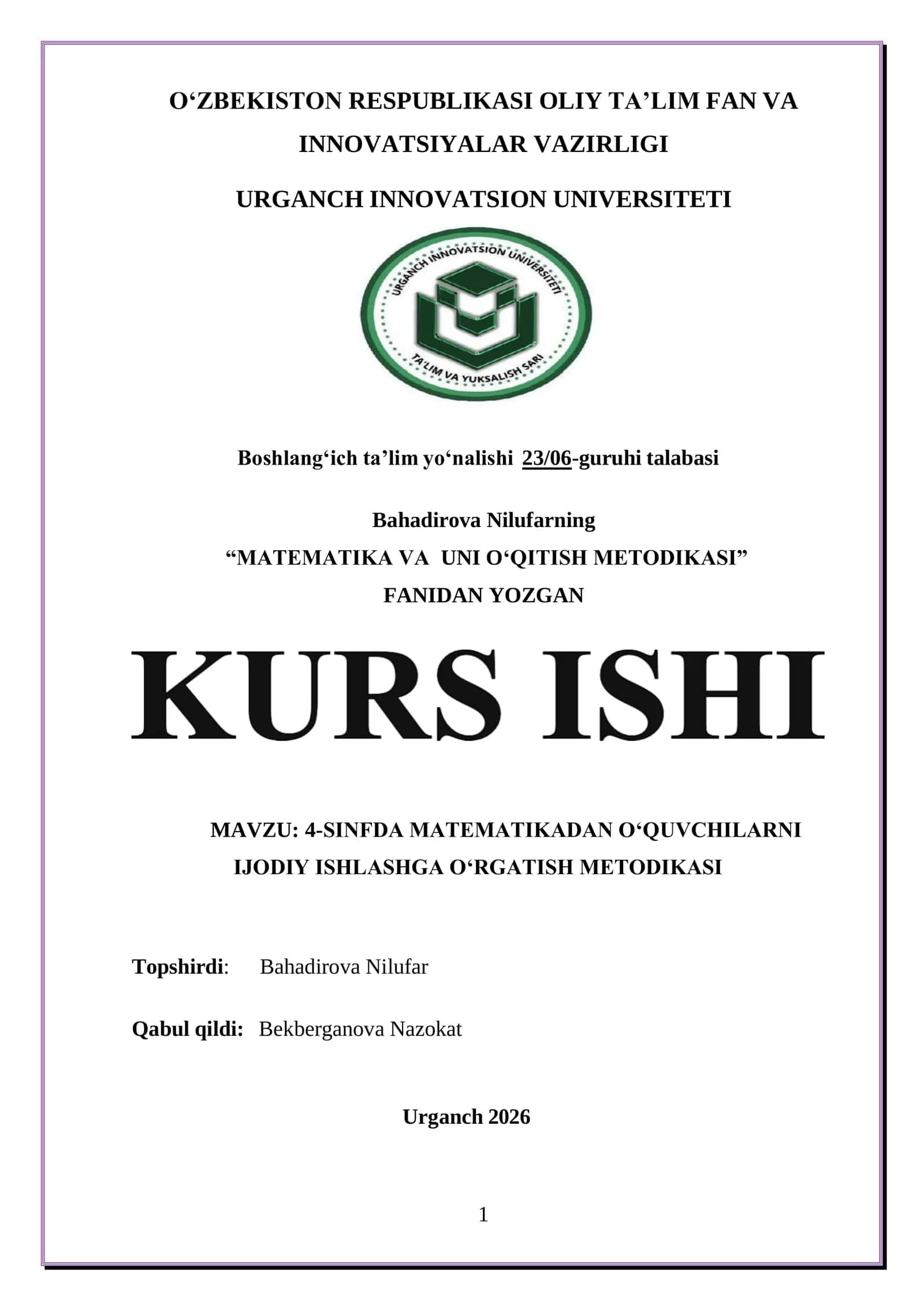 4-SINFDA MATEMATIKADAN OʻQUVCHILARNI IJODIY ISHLASHGA OʻRGATISH METODIKASI 1