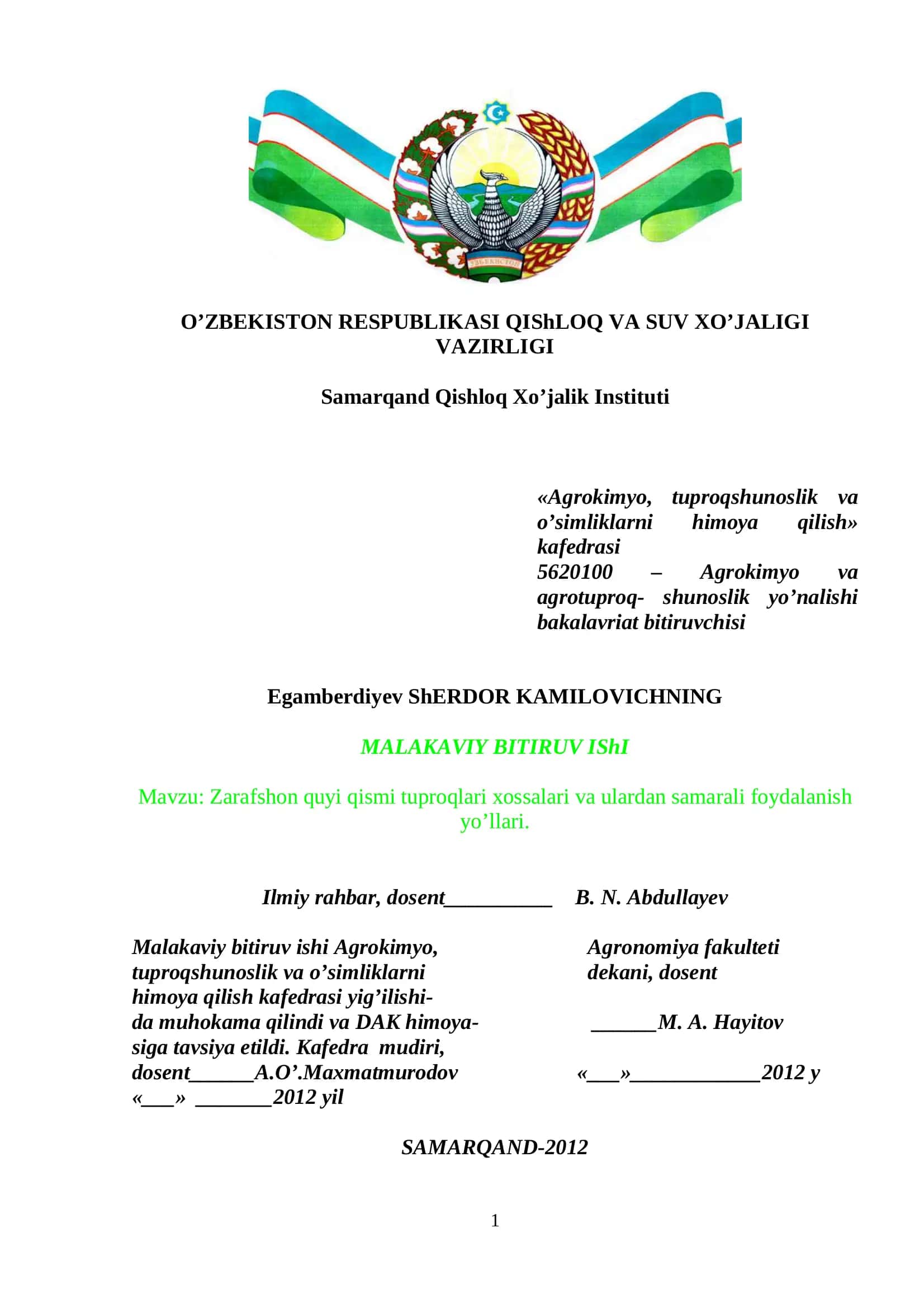 Zarafshon quyi qismi tuproqlari xossalari va ulardan samarali foydalanish yo’llari 1