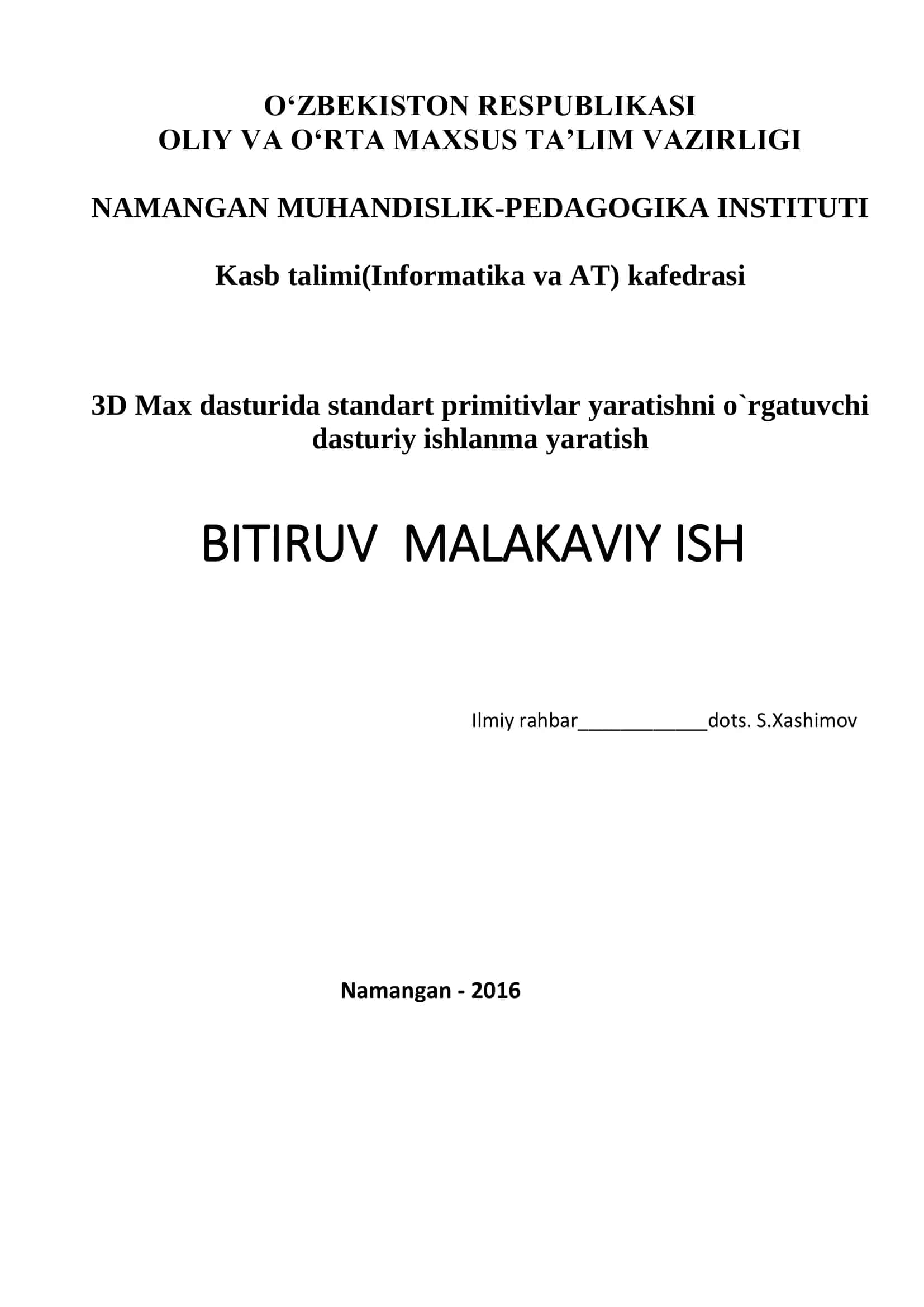 3D Max dasturida standart primitivlar yaratishni o`rgatuvchi dasturiy ishlanma yaratish 1