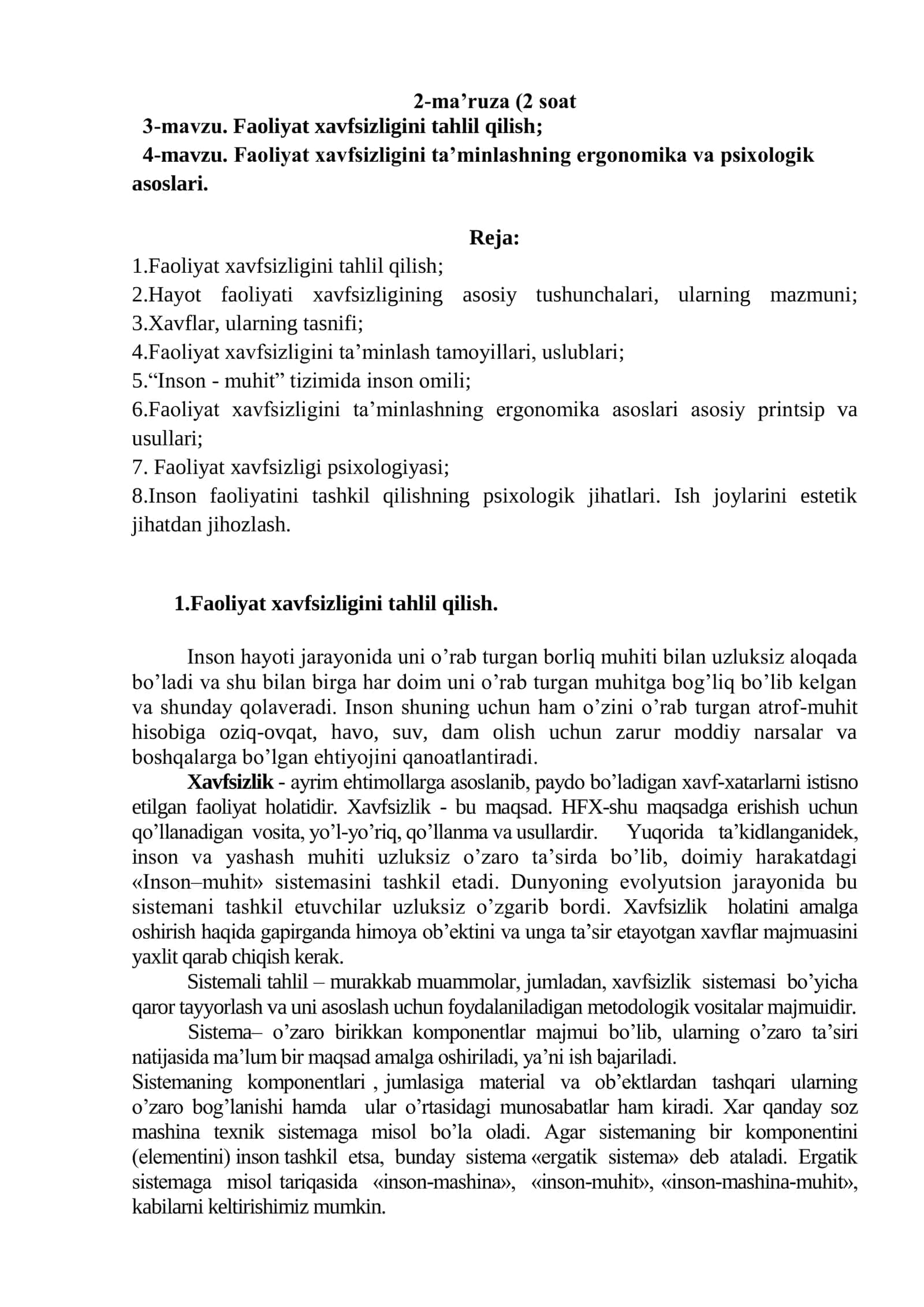 Faoliyat xavfsizligini tahlil qilish 1