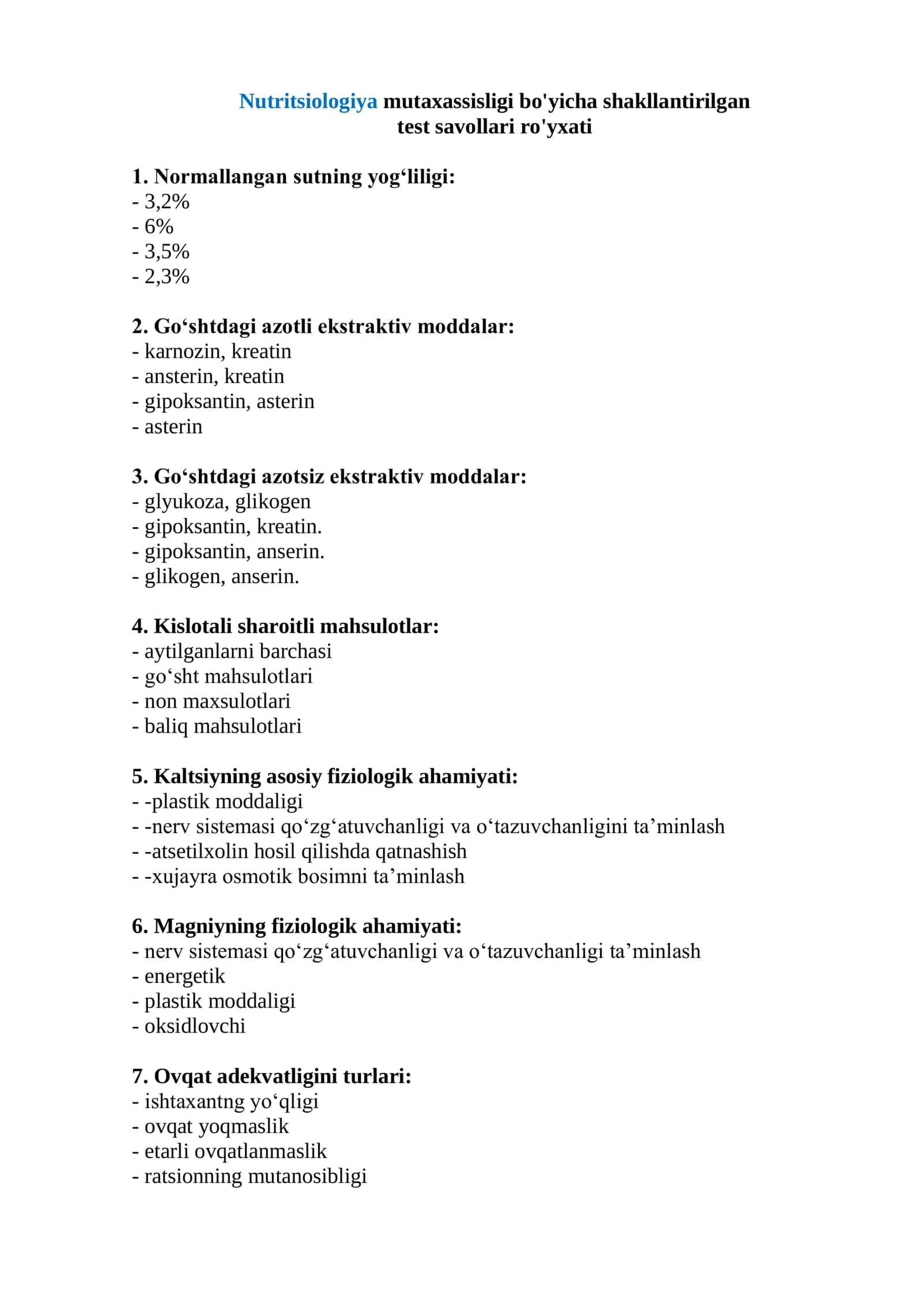 Nutritsiologiya mutaxassisligi bo'yicha shakllantirilgan test savollari ro'yxati 2026 1