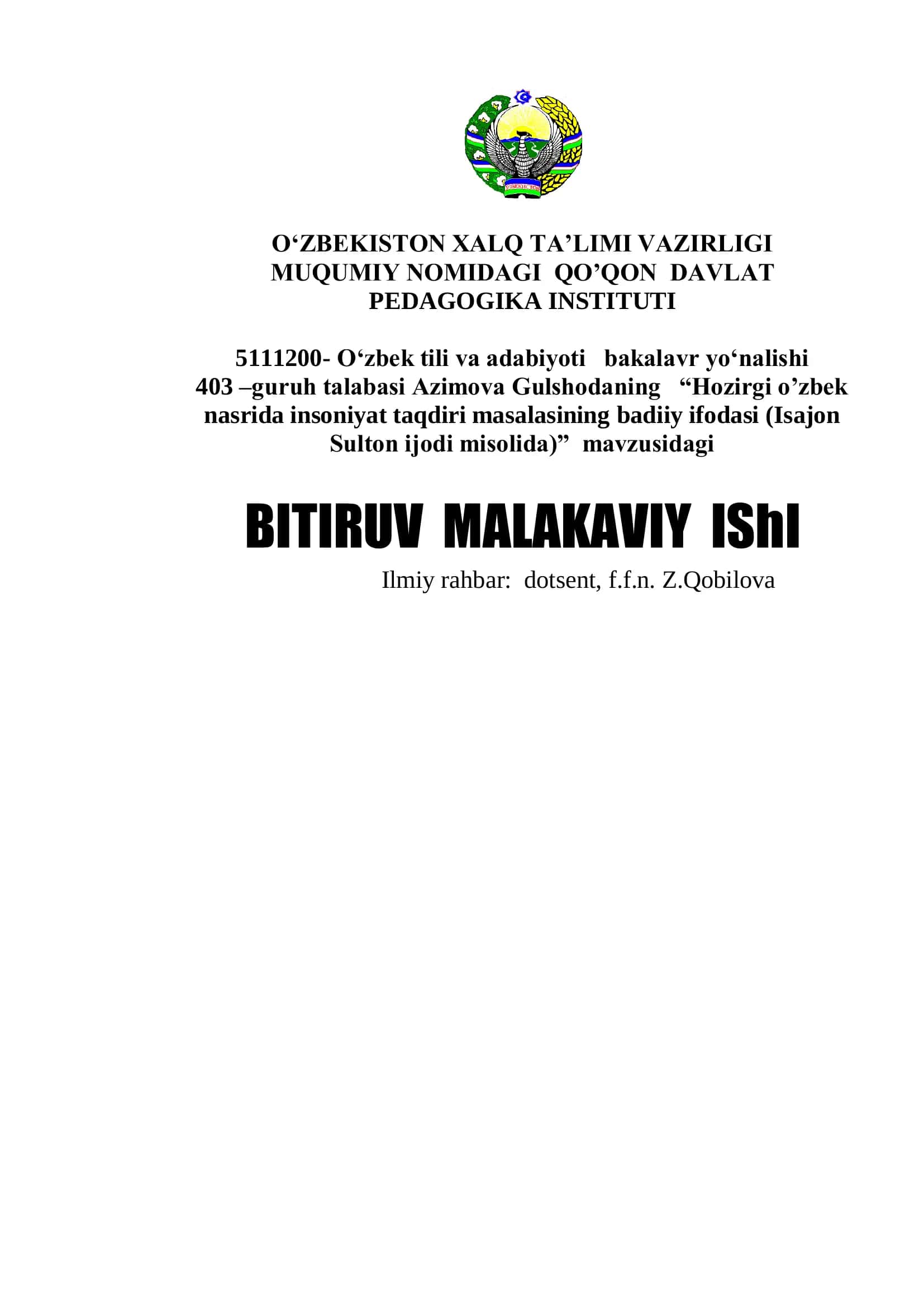 "Hozirgi o'zbek nasrida insoniyat taqdiri masalasining badiiy ifodasi (Isajon Sulton ijodi misolida)" 1