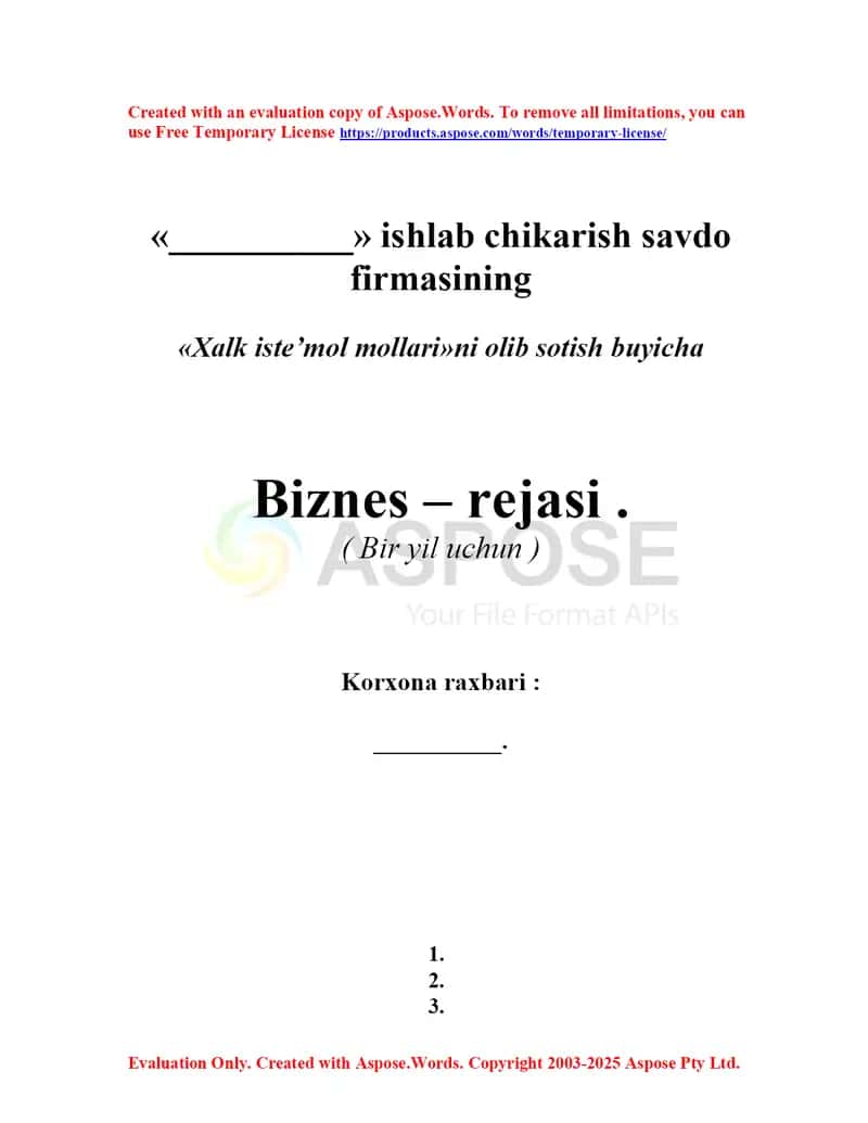 Xalq iste’mol mollari biznes rejasi 1