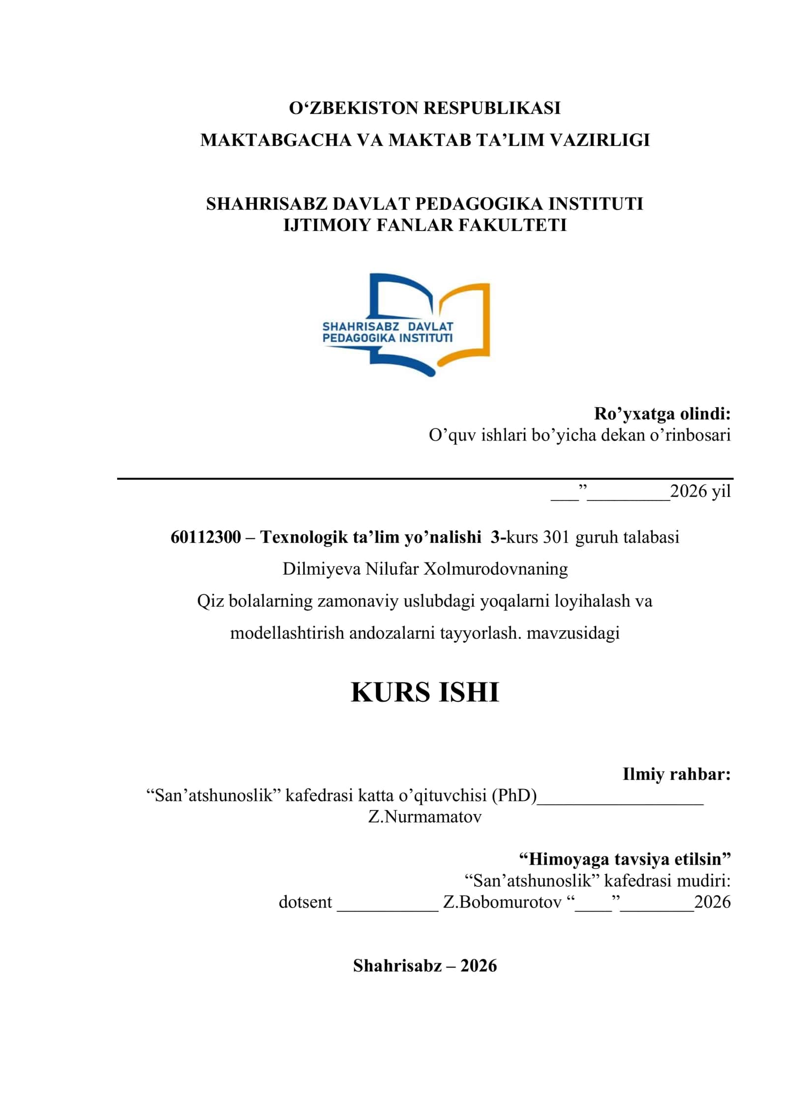 Texnologik ta'lim yo’nalishi 3-kurs 301 guruh talabasi 1