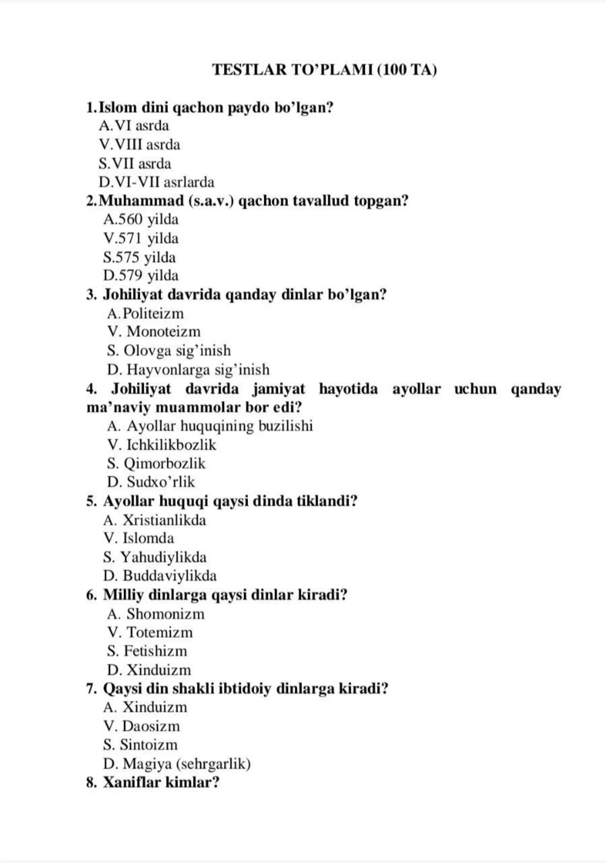 Dinshunoslik 100 talik test 1