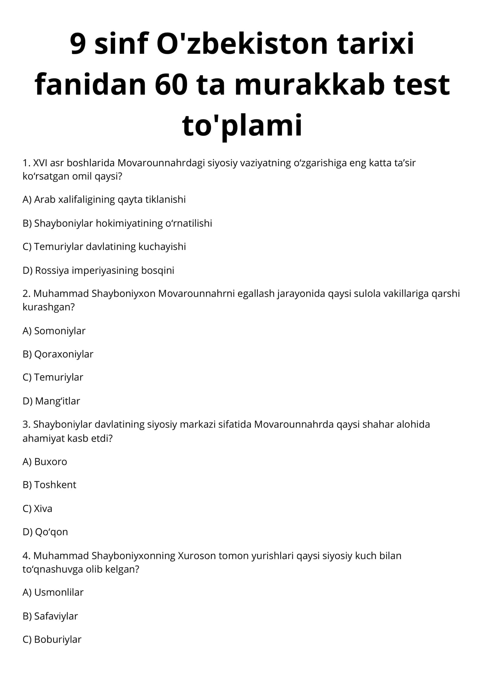 9 sinf O'zbekiston tarixi fani test to'plami 1