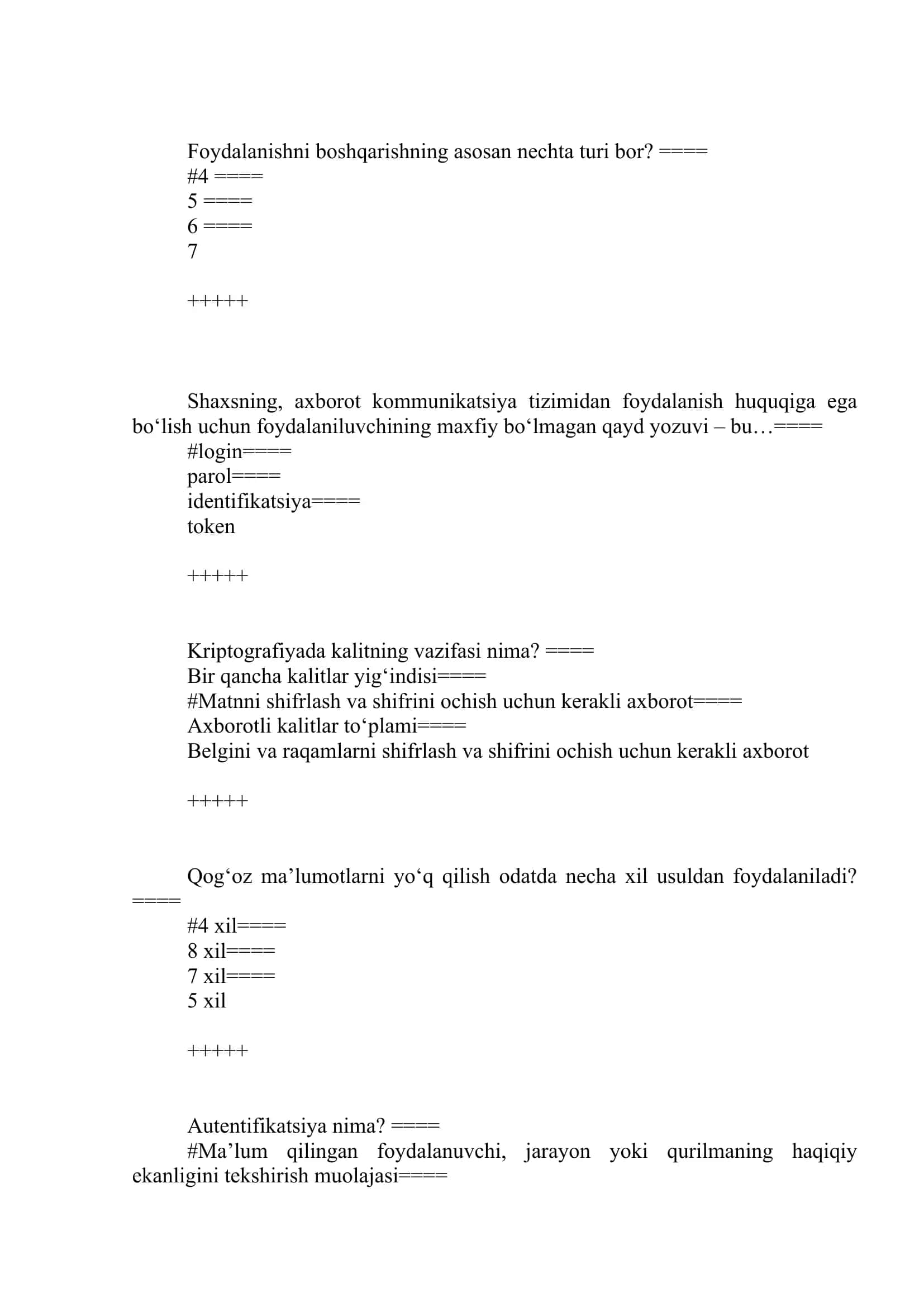 KIBERXAVFSIZDAN TEST JAVOBLARI 1