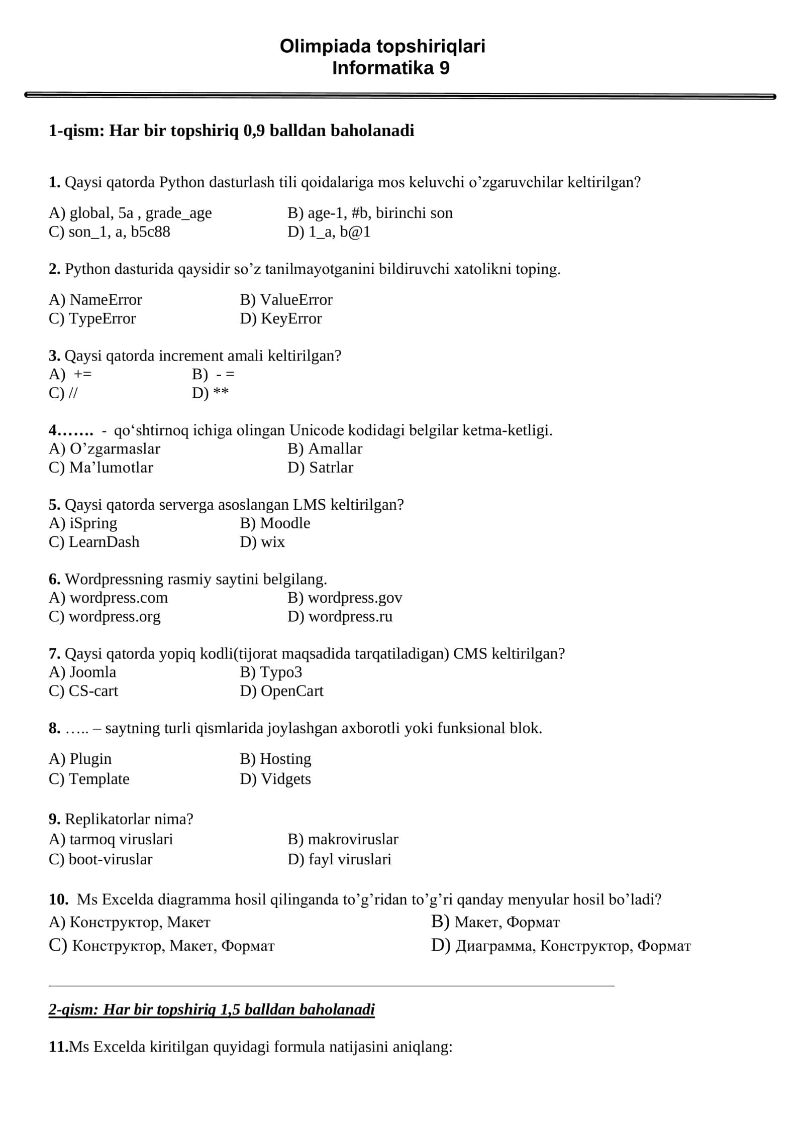 Olimpiada topshiriqlari Informatika 9 1
