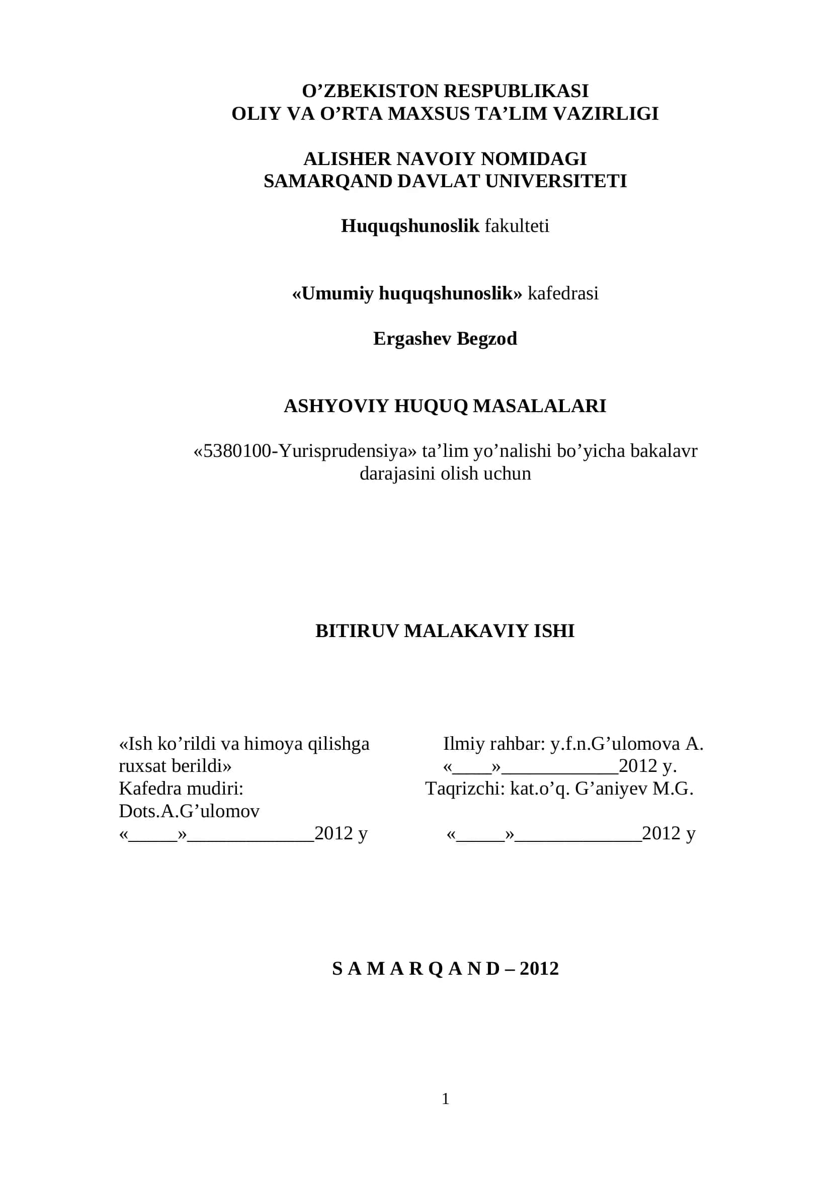 Ergashev Begzod - Ashyoviy Huquq Masalalari 1