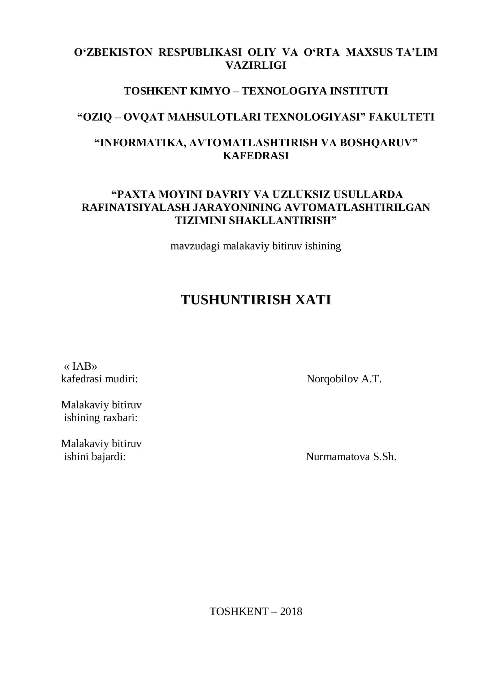 OZIQ – OVQAT MAHSULOTLARI TEXNOLOGIASI 1