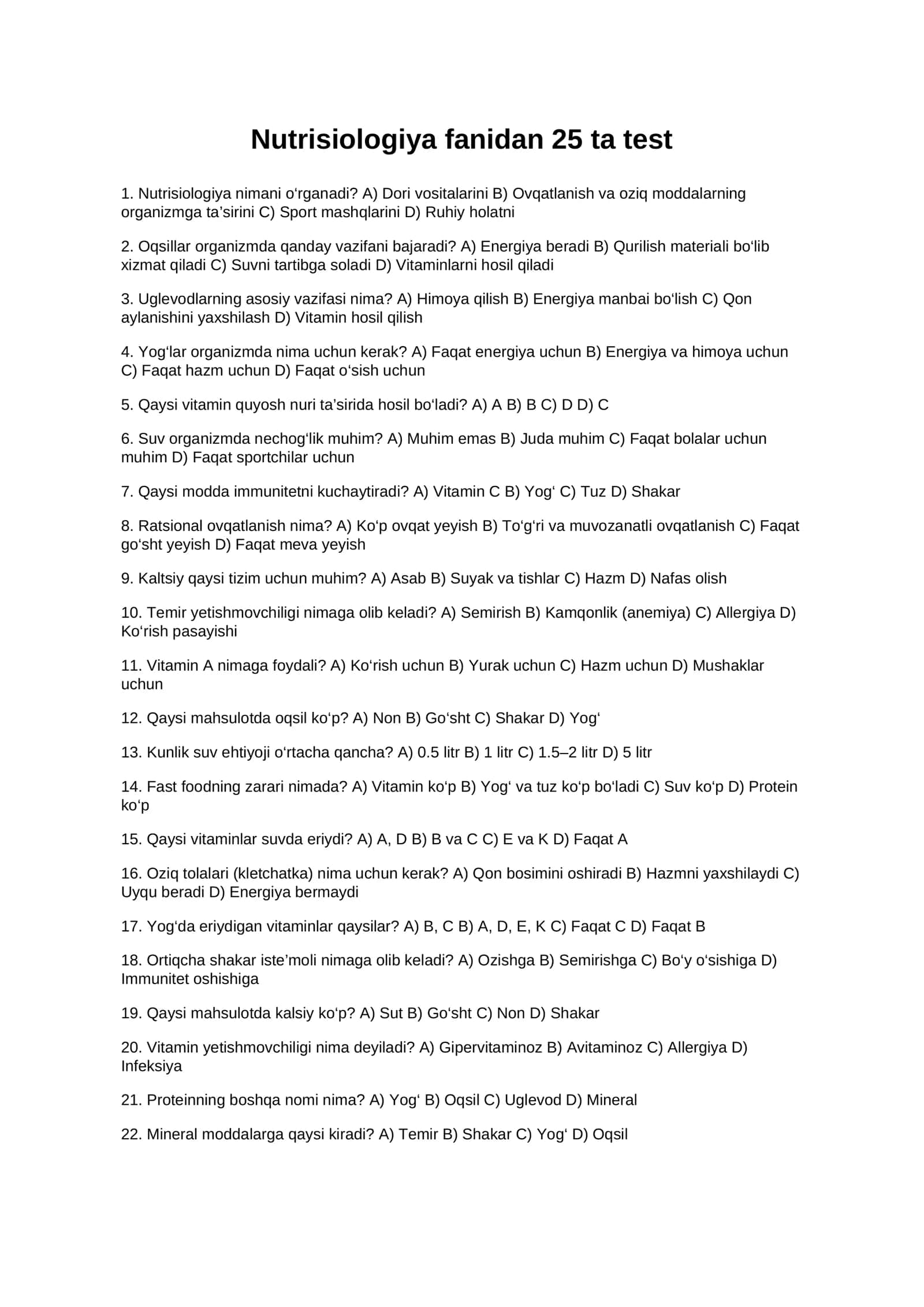 Nutrisiologiya fanidan 25 ta test 1