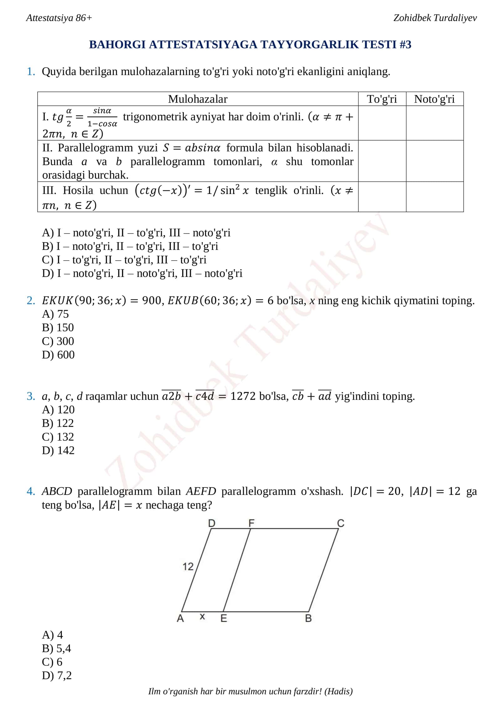 BAHORGI ATTESTATSIYAGA TAYYORGARLIK TESTI #3 1