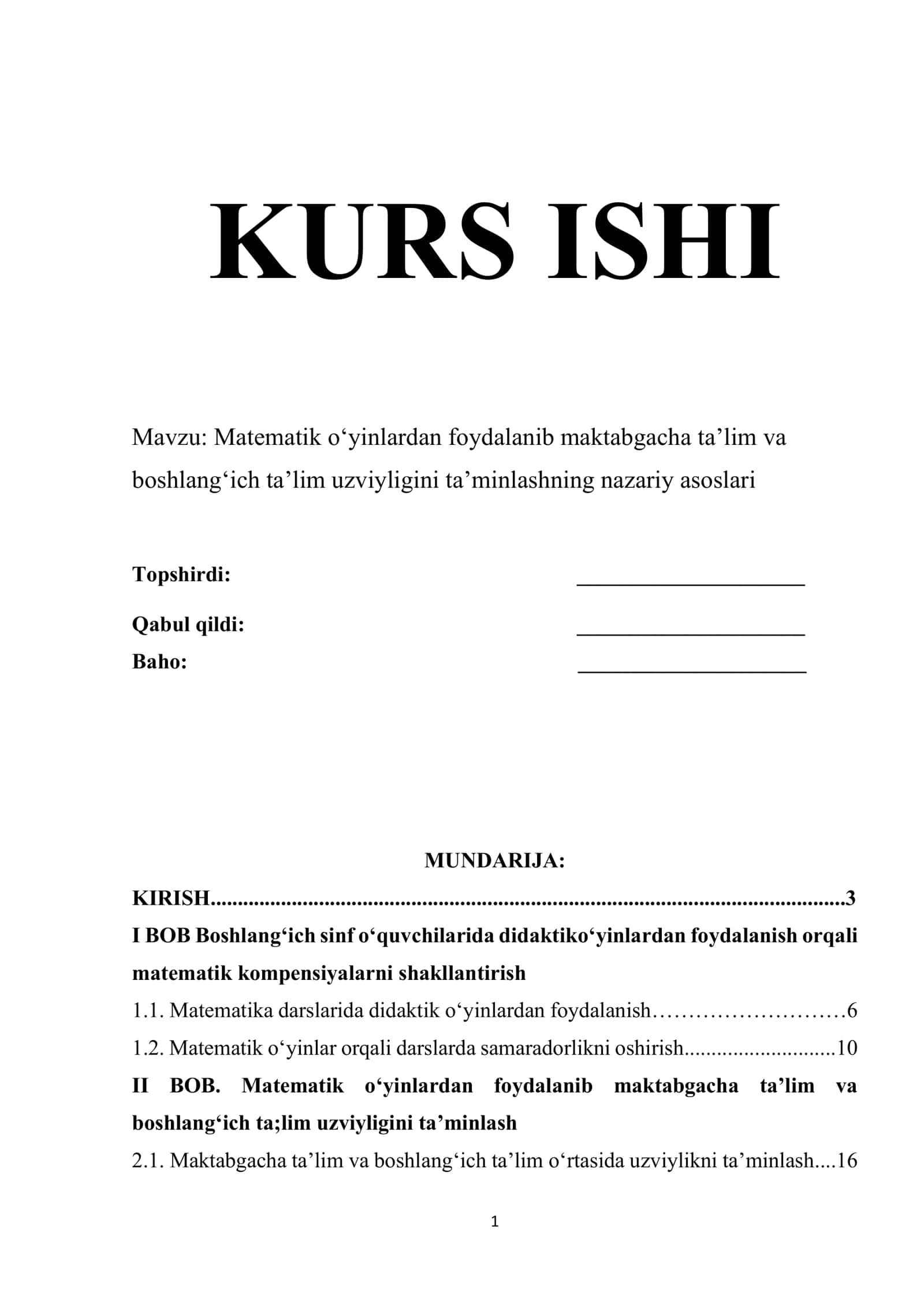 Matematik o‘yinlardan foydalanib maktabgacha ta’lim va boshlang‘ich ta’lim uzviyligini ta’minlashning nazariy asoslari 1