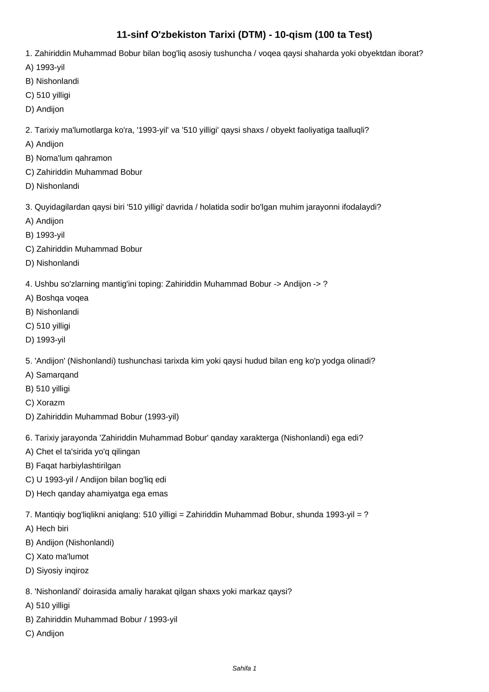 11-sinf O'zbekiston Tarixi (DTM) - 10-qism (100 ta Test) 1