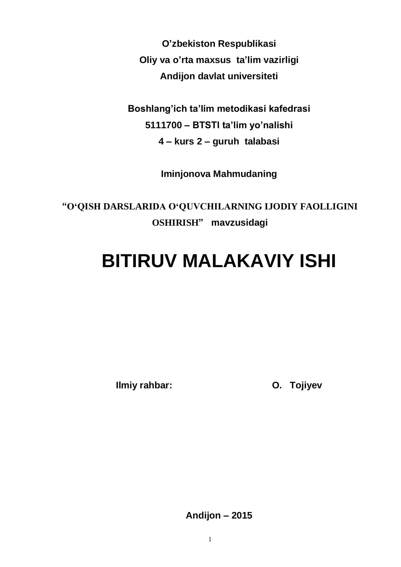 O‘QISH DARSLARIDA O‘QUVCHILARNING IJODIY FAOLLIGINI OSHIRISH BITIRUV MALAKAVIY ISHI 1
