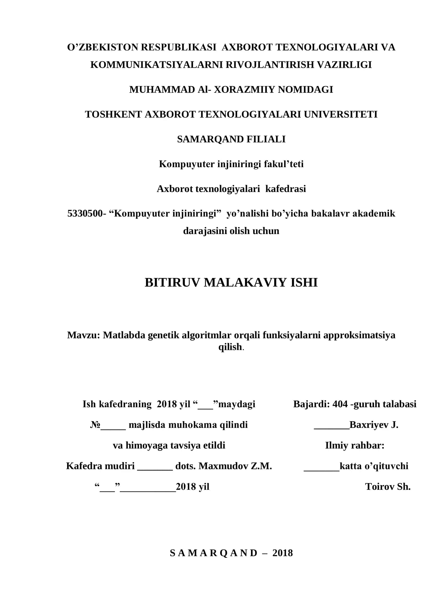 MATLABDA GENETIK ALGORITMLAR ORQALI FUNKSIYALARNI APPROKSIMATSIYA QILISH 1