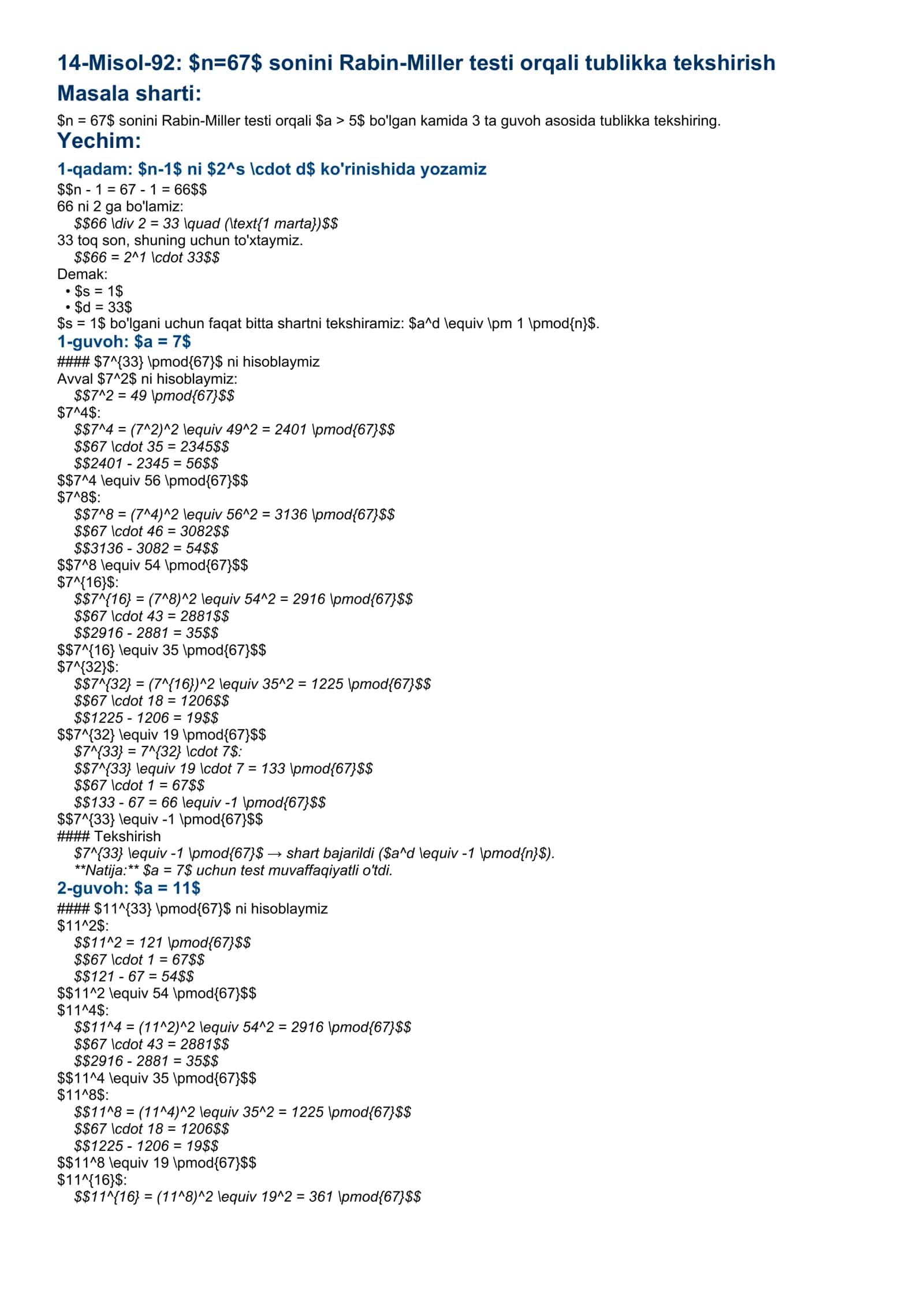 14-Misol-92: $n=67$ sonini Rabin-Miller testi orqali tublikka tekshirish 1