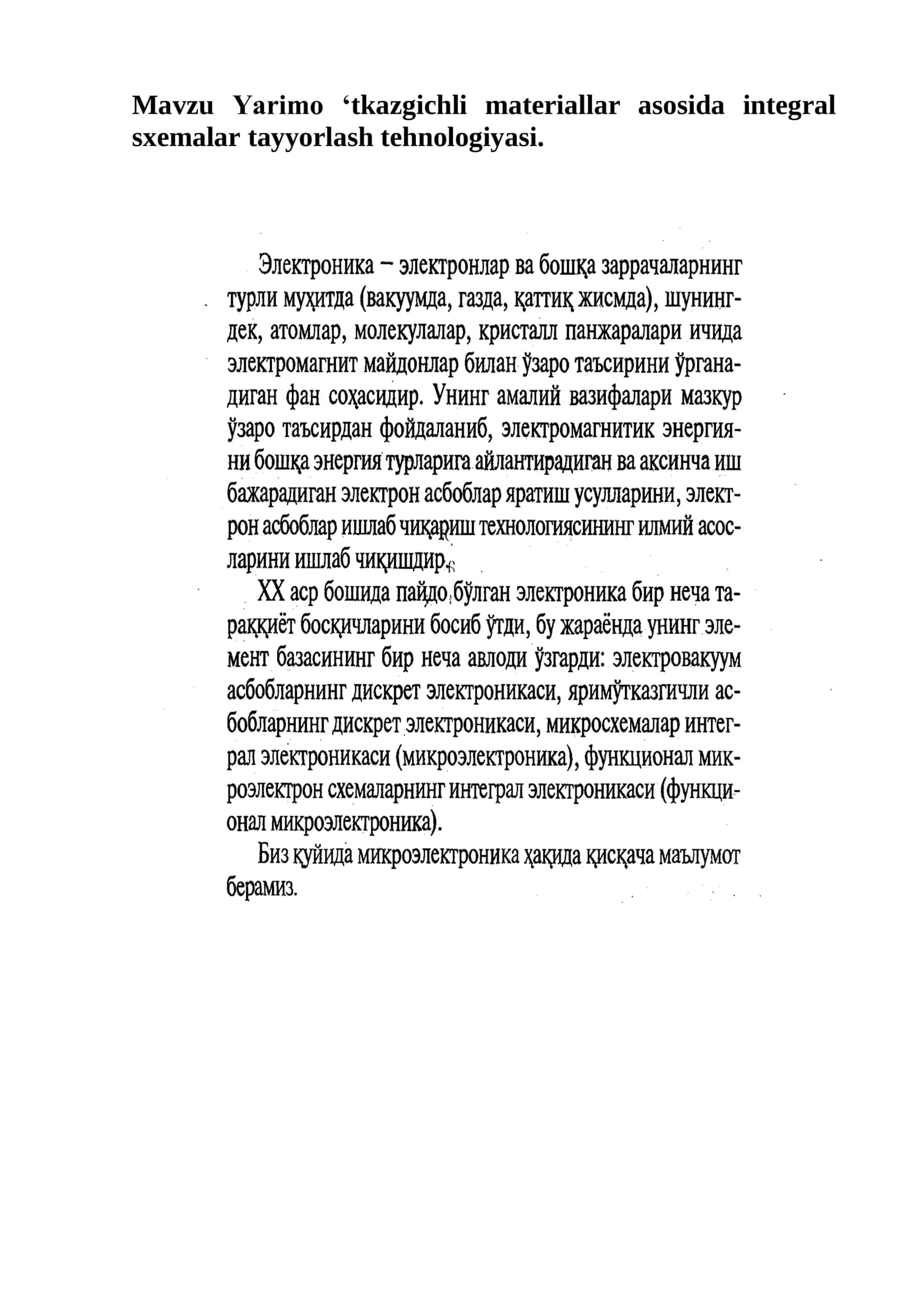 Yarimo ‘tkazgichli materiallar asosida integral sxemalar tayyorlash tehnologiyasi 1