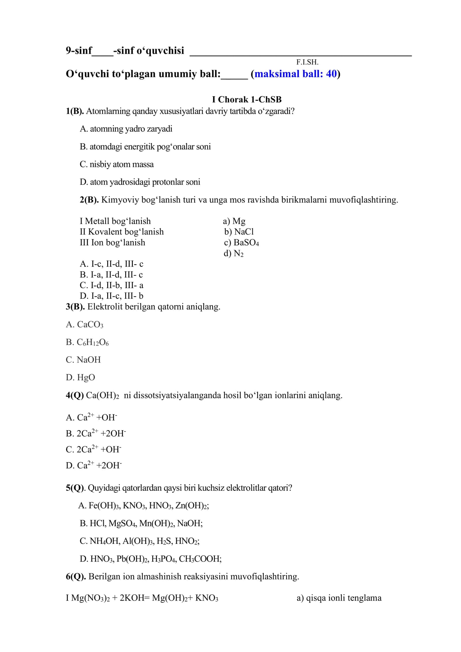 9-sinf Kimyo sinovlari (9th Grade Chemistry Tests) 1