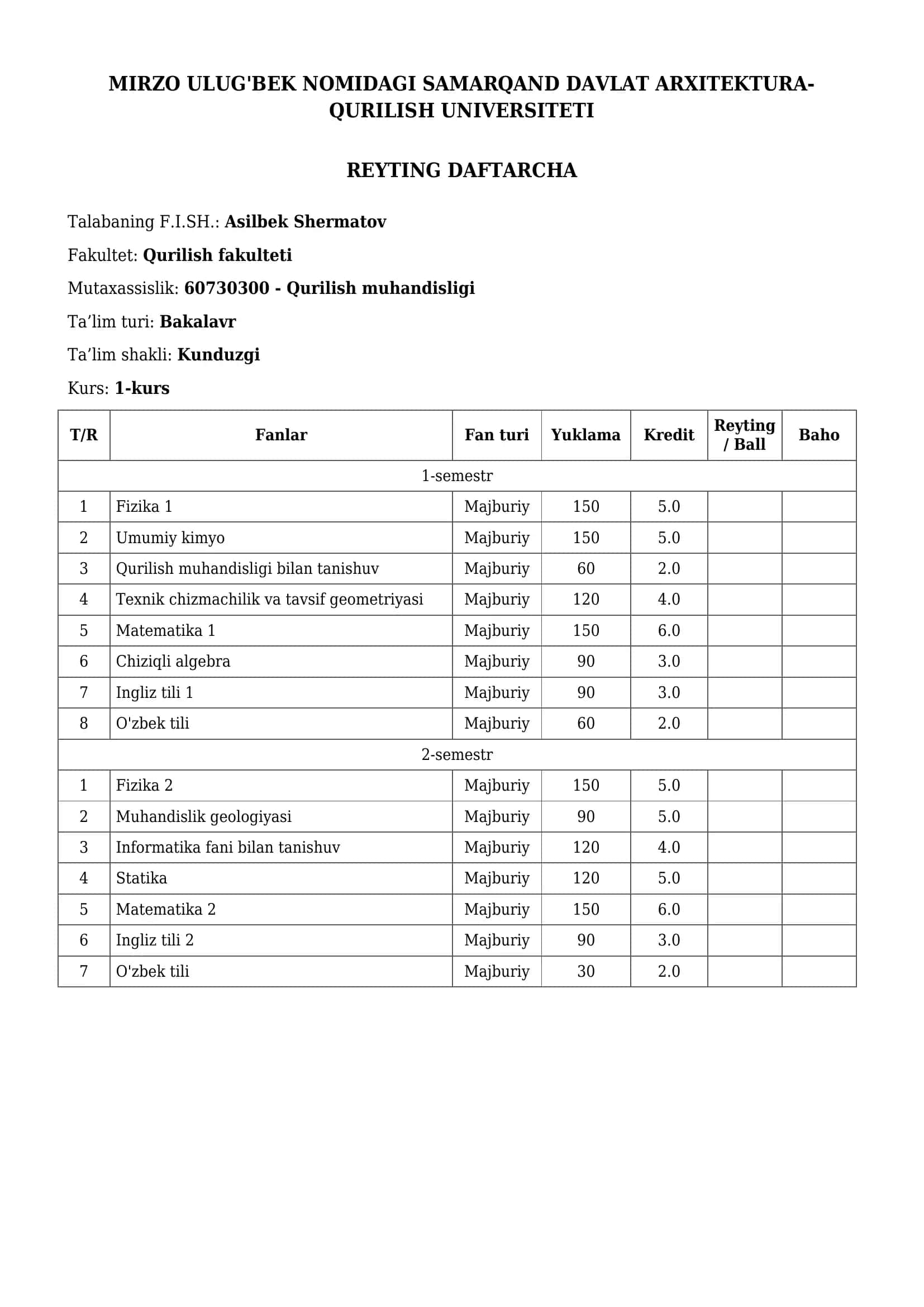 MIRZO ULUG'BEK NOMIDAGI SAMARQAND DAVLAT ARXITEKTURA-QURILISH UNIVERSITETI 1