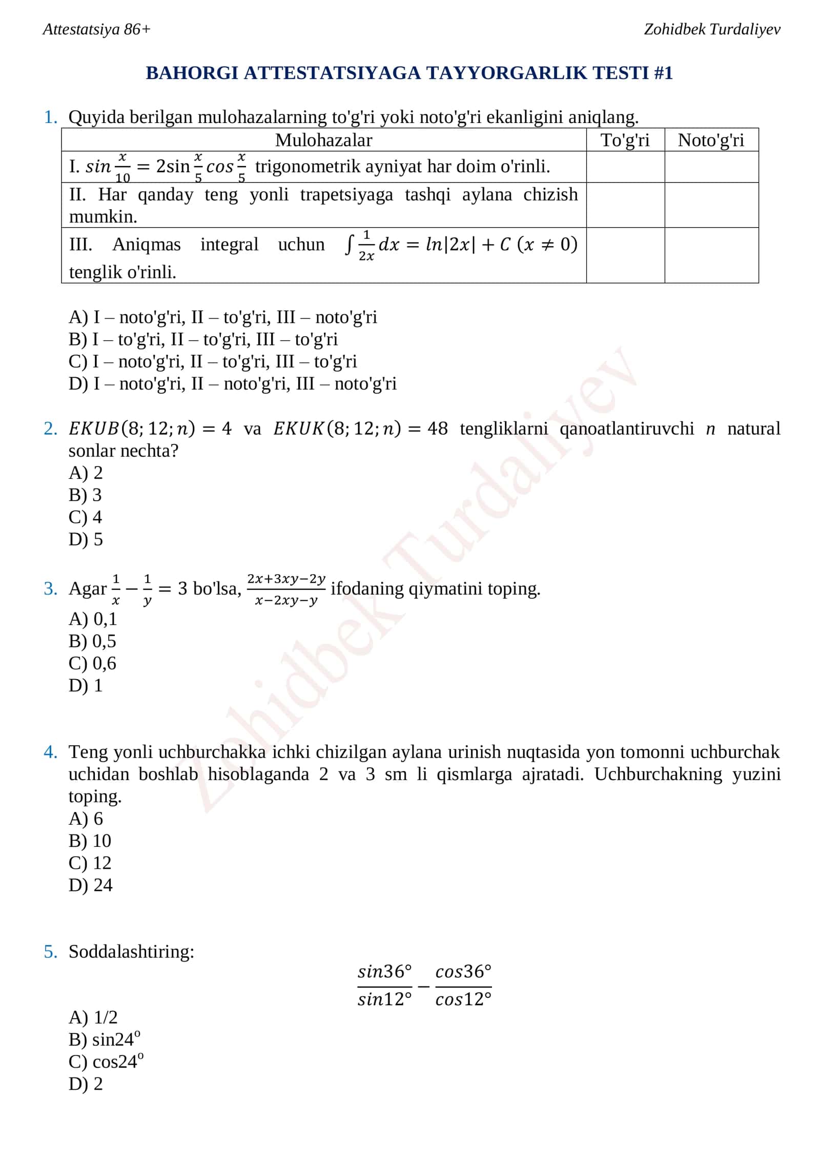 BAHORGI ATTESTATSIYAGA TAYYORGARLIK TESTI #1 1