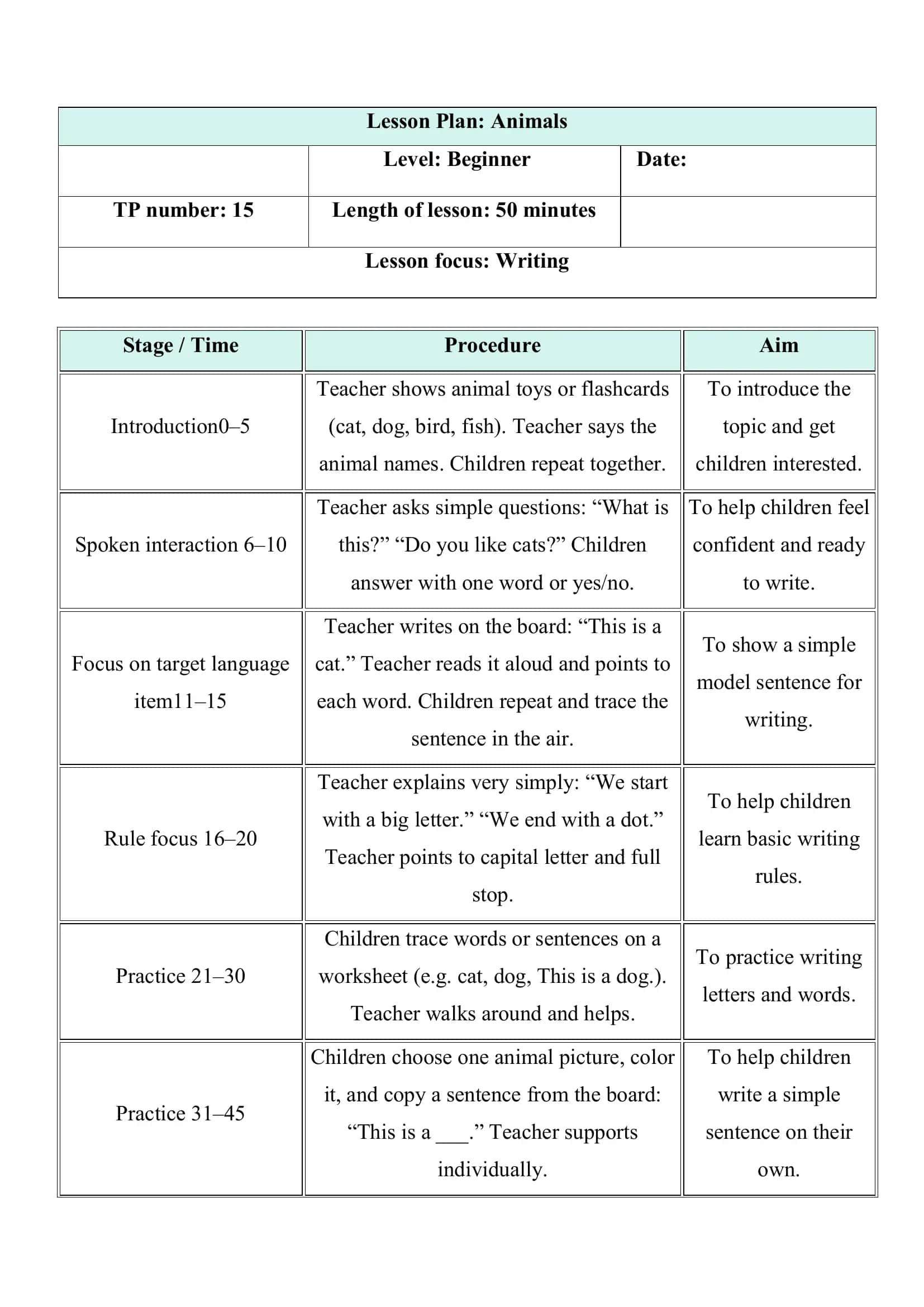 Lesson Plan: Animals 1