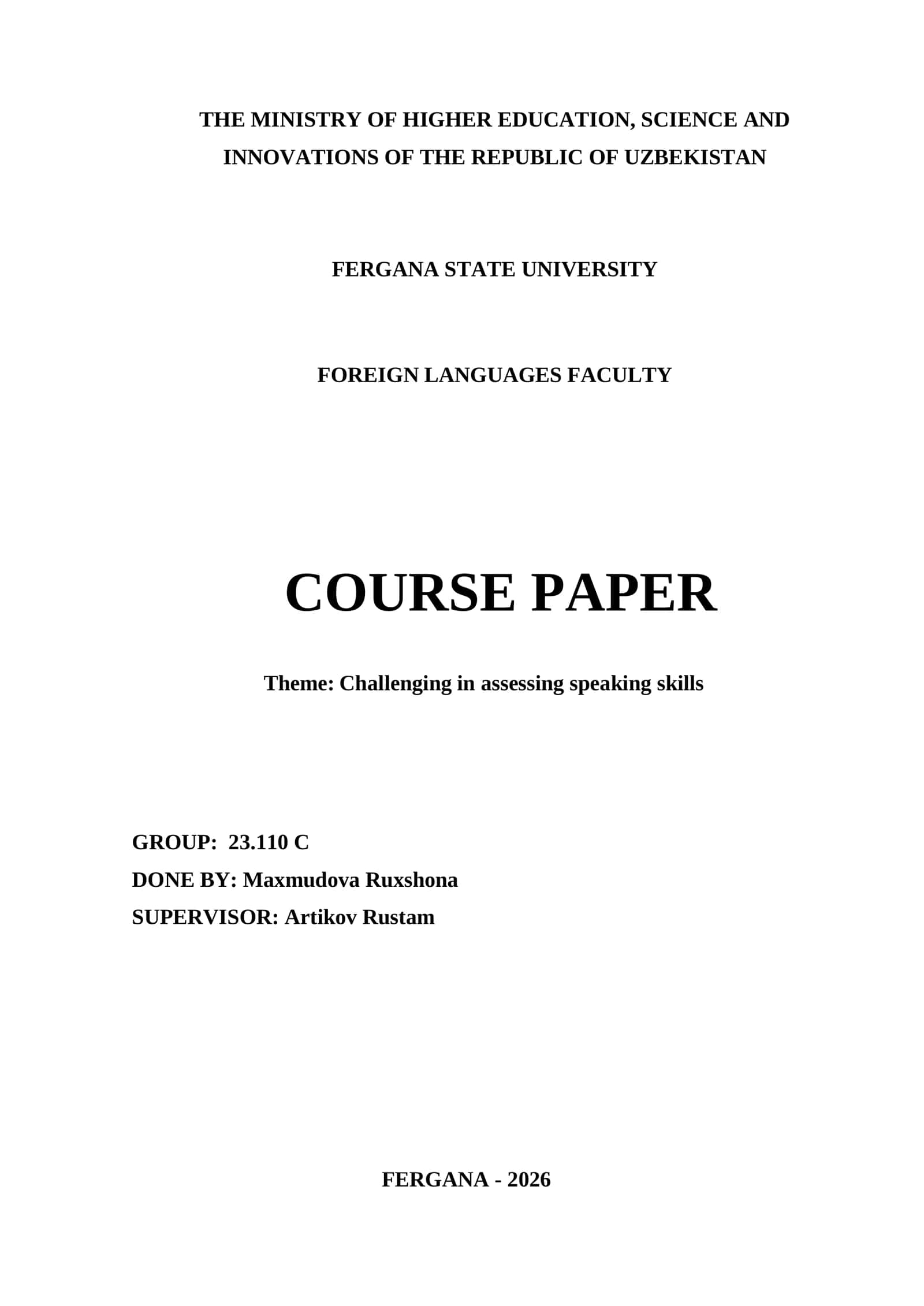 Course Paper: Challenging in assessing speaking skills 1