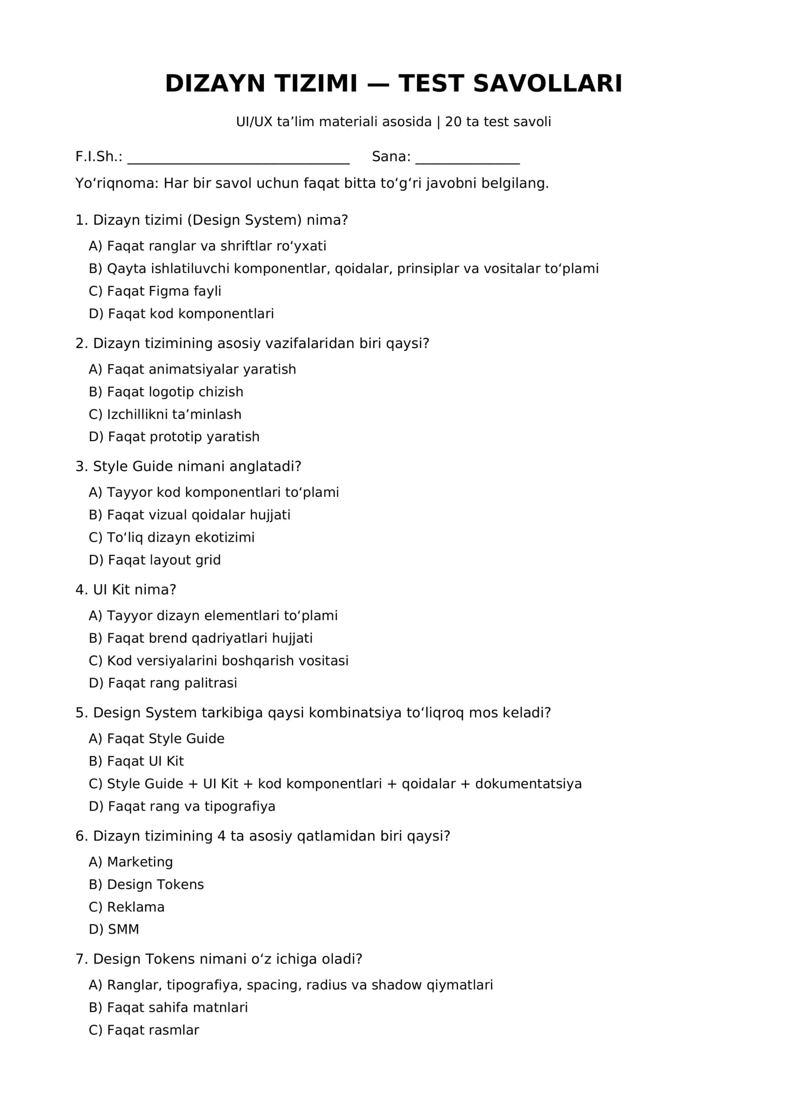 DIZAYN TIZIMI — TEST SAVOLLARI 1