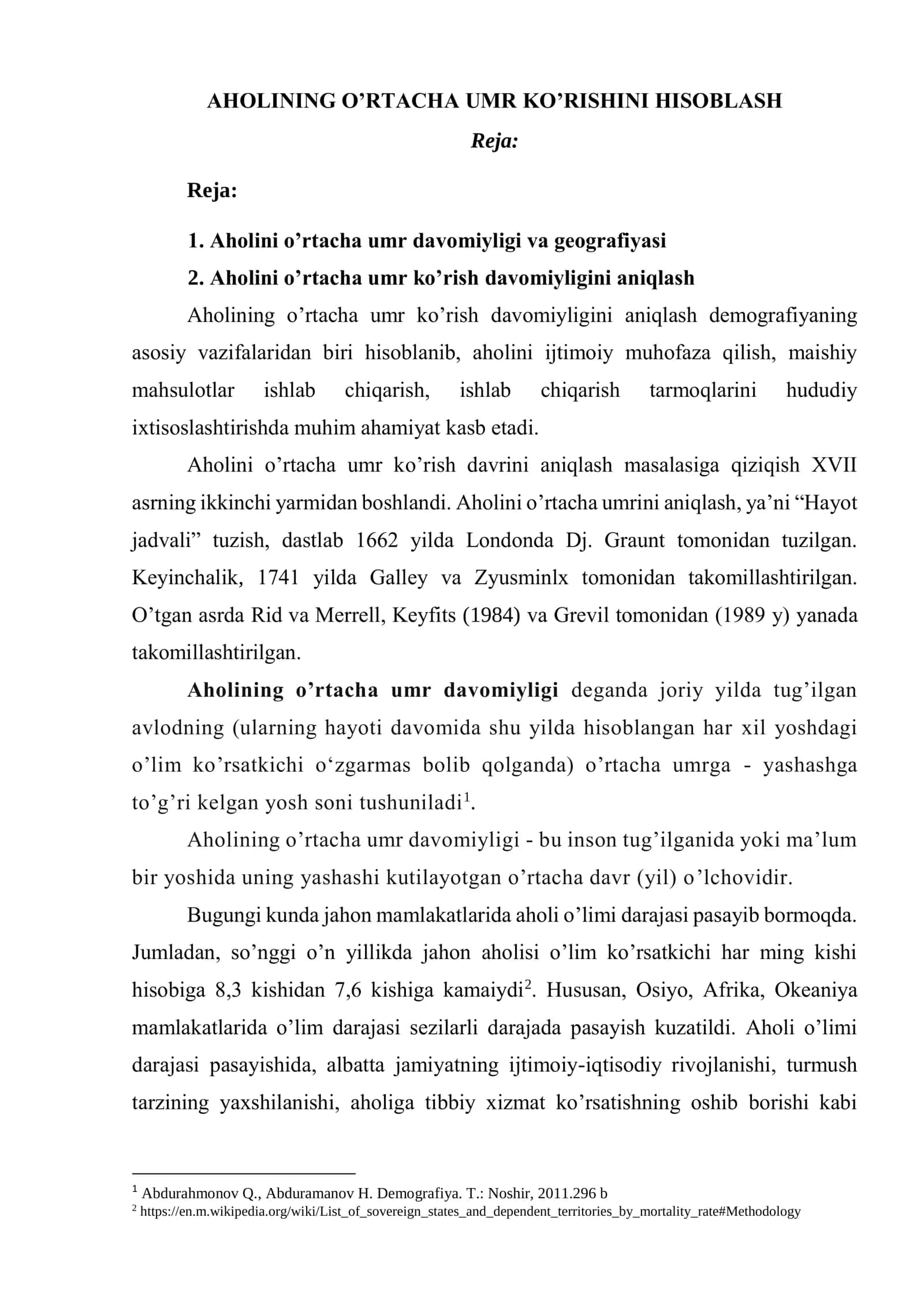 Аhоlining O’rtacha Umr Ko’rishini Hisoblash 1