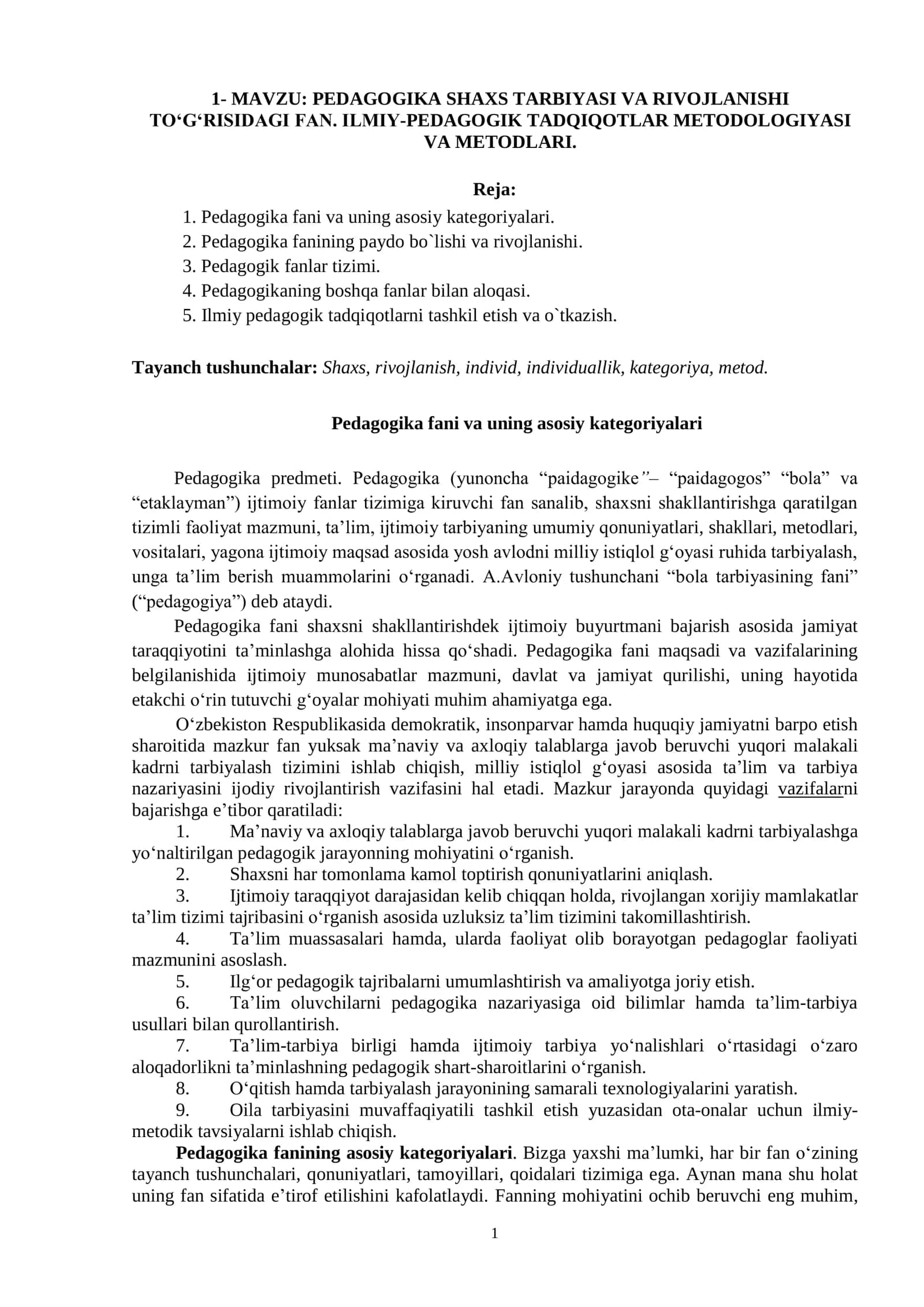 PEDAGOGIKA SHAXS TARBIYASI VA RIVOJLANISHI TO'GRISIDAGI FAN. ILMIY-PEDAGOGIK TADQIQOTLAR METODOLOGIYASI VA METODLARI 1