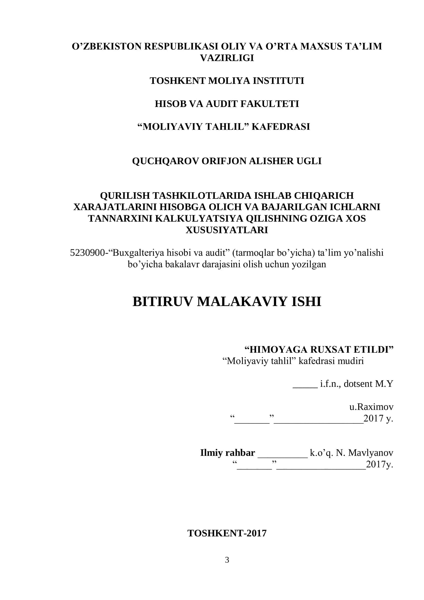 QURILISH TASHKILOTLARIDA ISHLAB CHIQARICH XARAJATLARINI HISOBGA OLICH 1