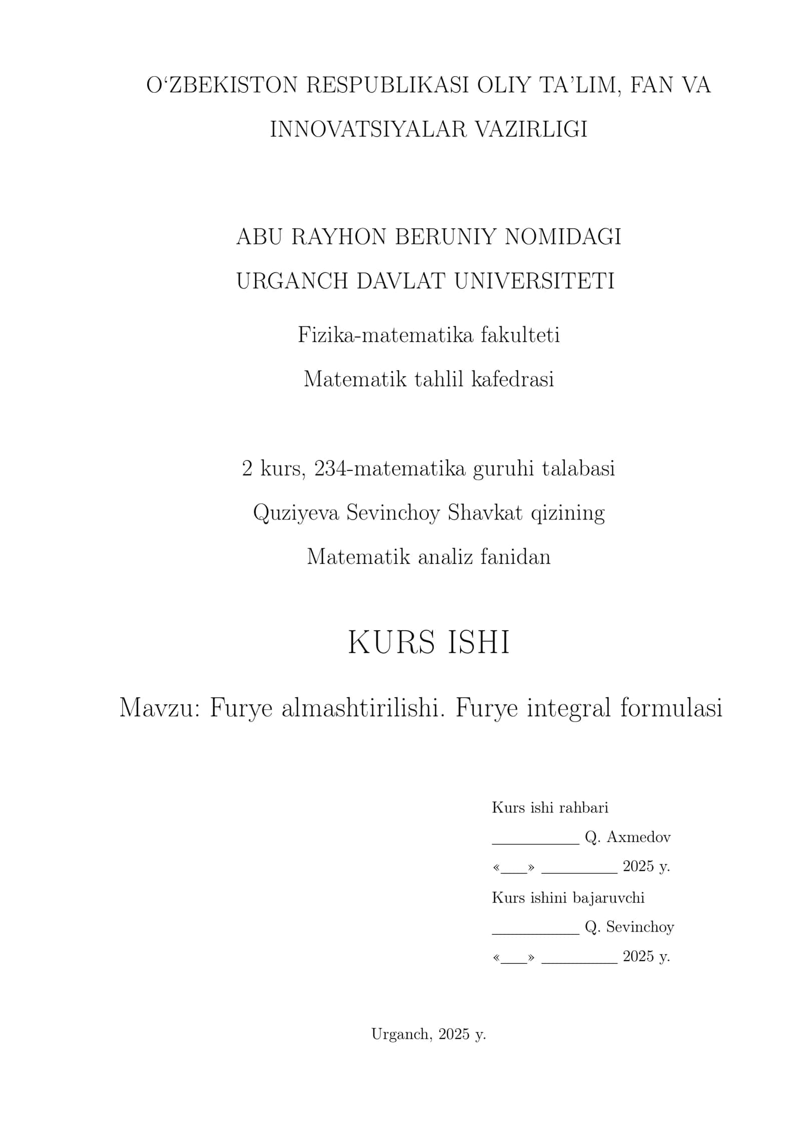 Furye almashtirilishi.Furye integral formulasi 1