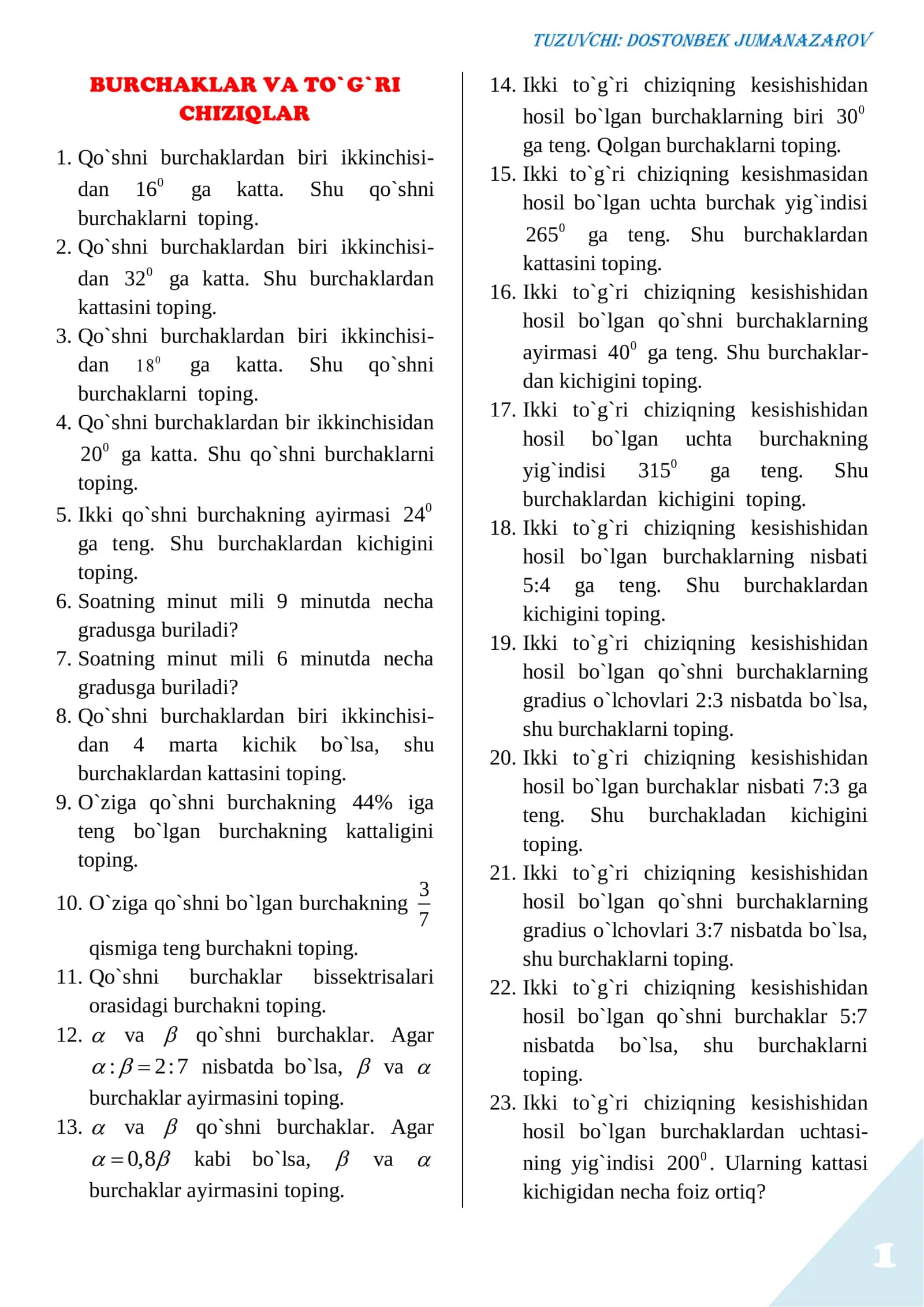 Burchaklar va To`g`ri Chiziqlar 1