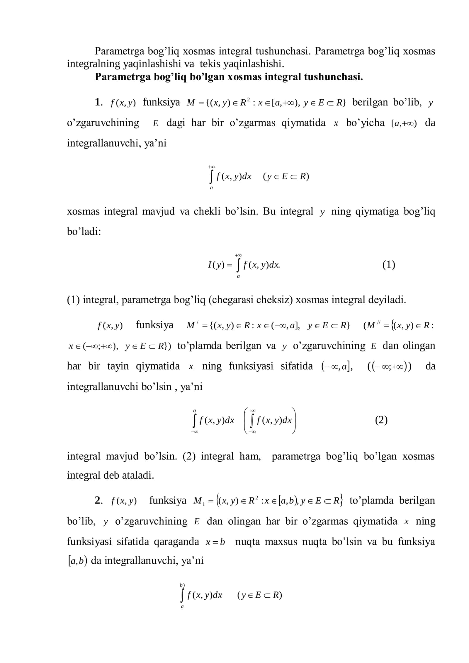 Parametrga bog’liq xosmas integral tushunchasi 1