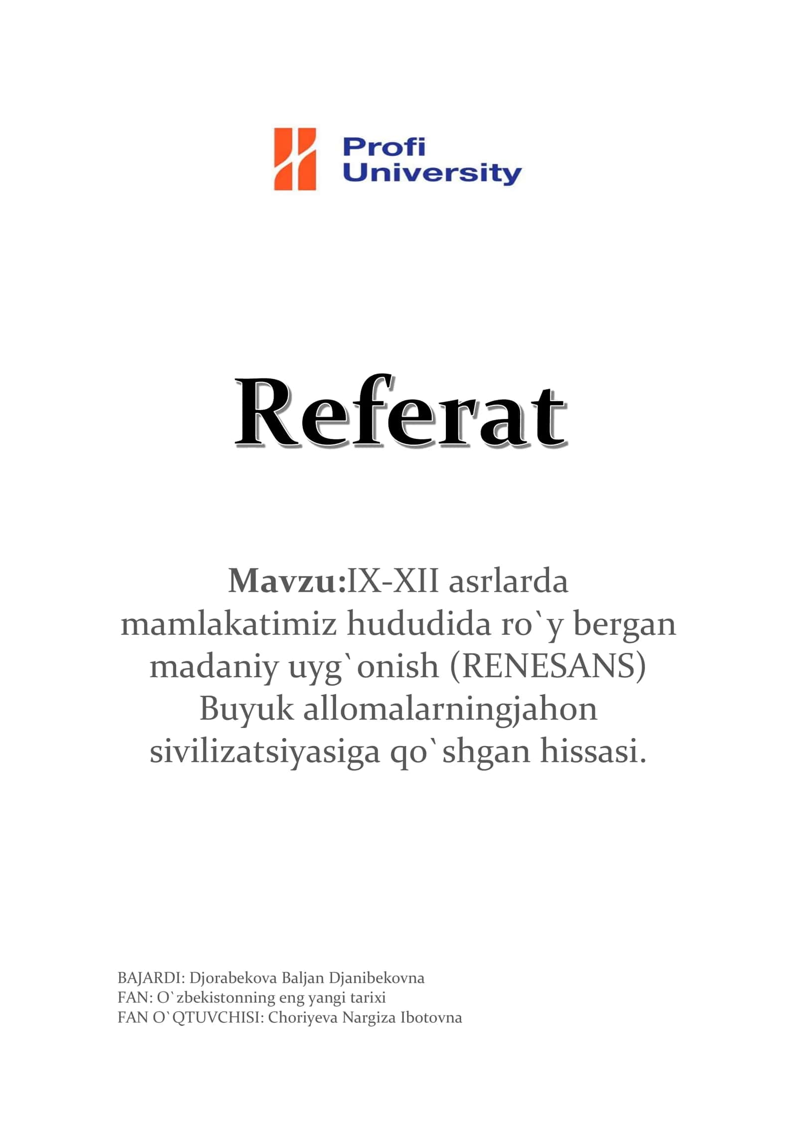 IX-XII asrlarda mamlakatimiz hududida ro`y bergan madaniy uyg`onish (RENESANS) 1
