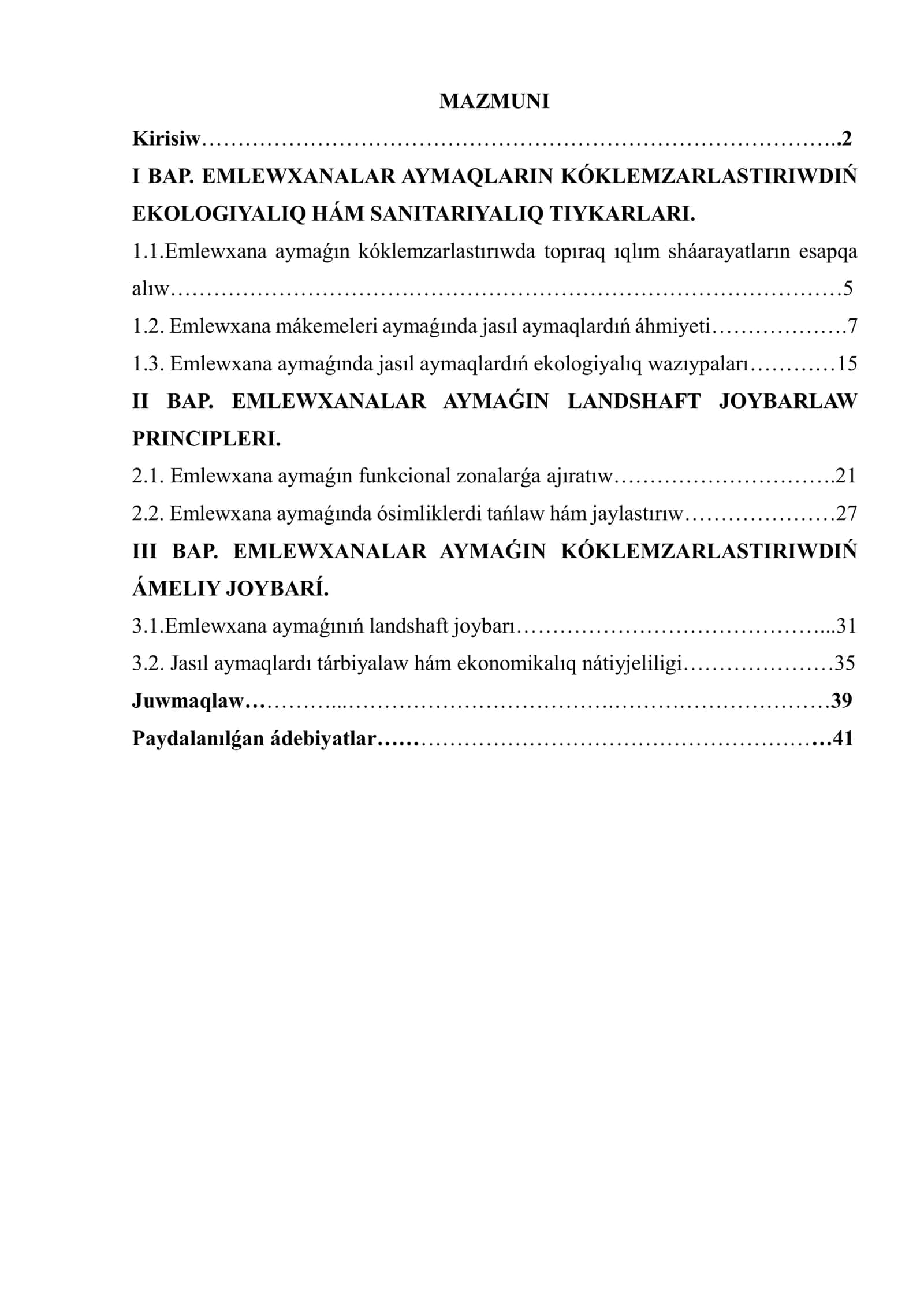 EMLEWXANALAR AYMAQLARIN KÓKLEMZARLASTIRIWDIŃ EKOLOGIYALIQ HÁM SANITARIYALIQ TIYKARLARI 1