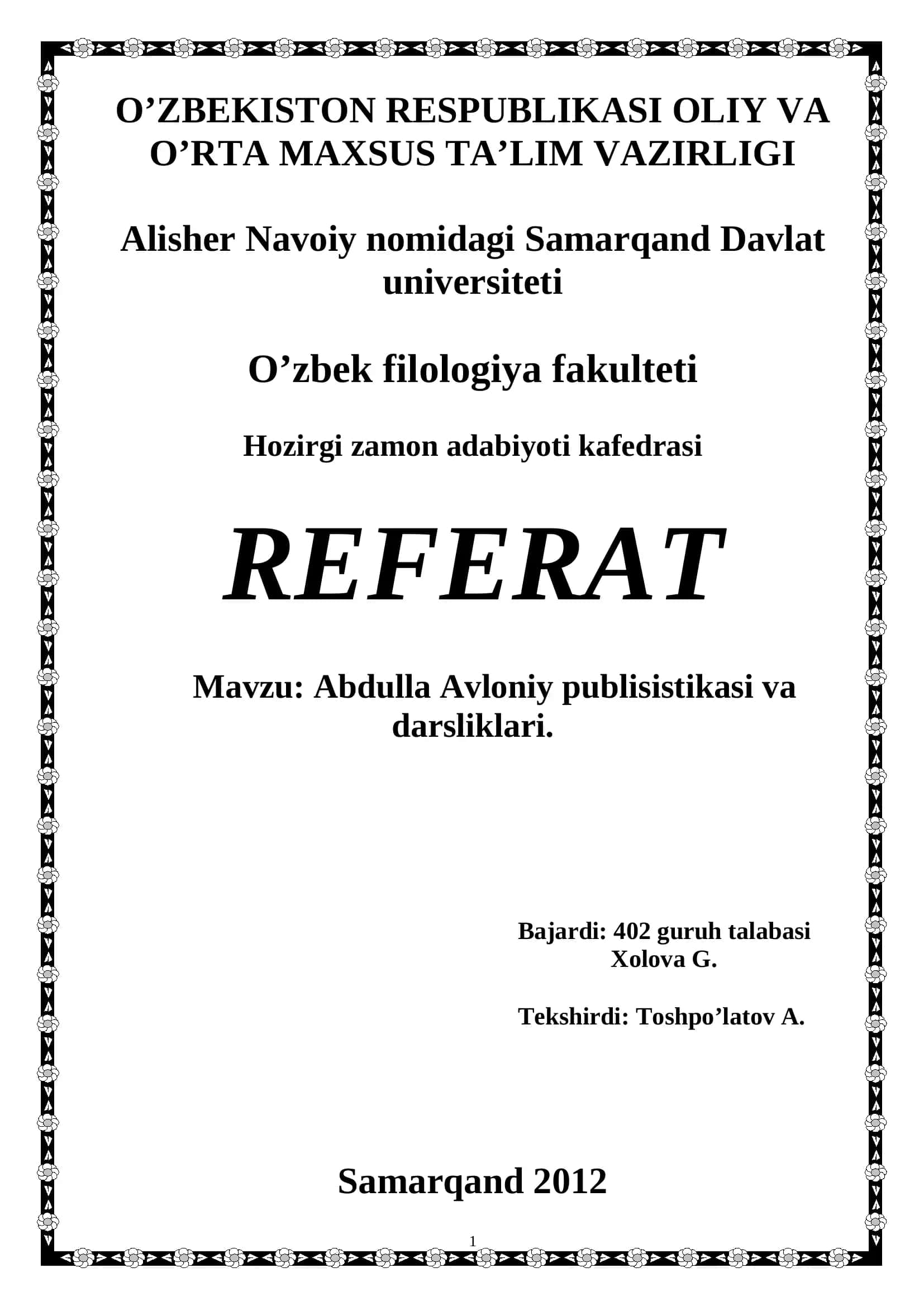 Abdulla Avloniy publisistikasi va darsliklari 1