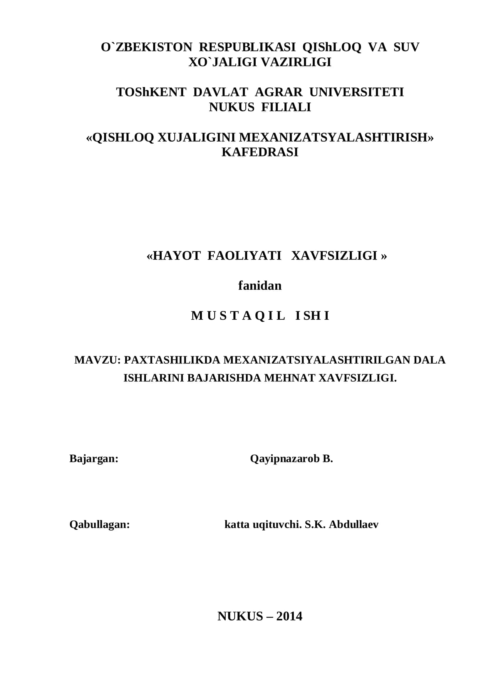 Paxtashilikda Mexanizatsiyalashtirilgan Dala Ishlarini Bajarishda Mehnat Xavfsizligi 1