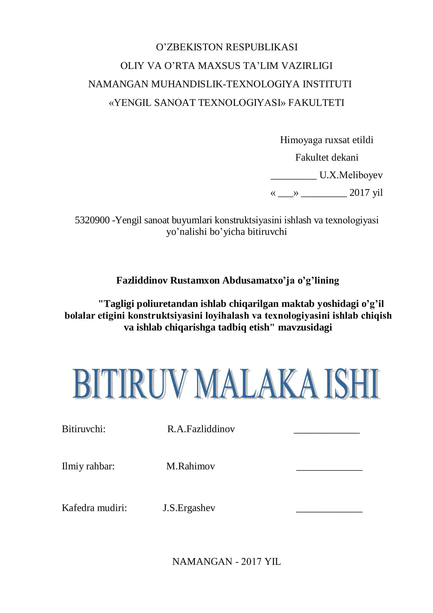 Yengil sanоat buyumlari kоnstruktsiyasini ishlash va texnоlоgiyasi yo’nalishi bo’yicha bitiruvchi 1