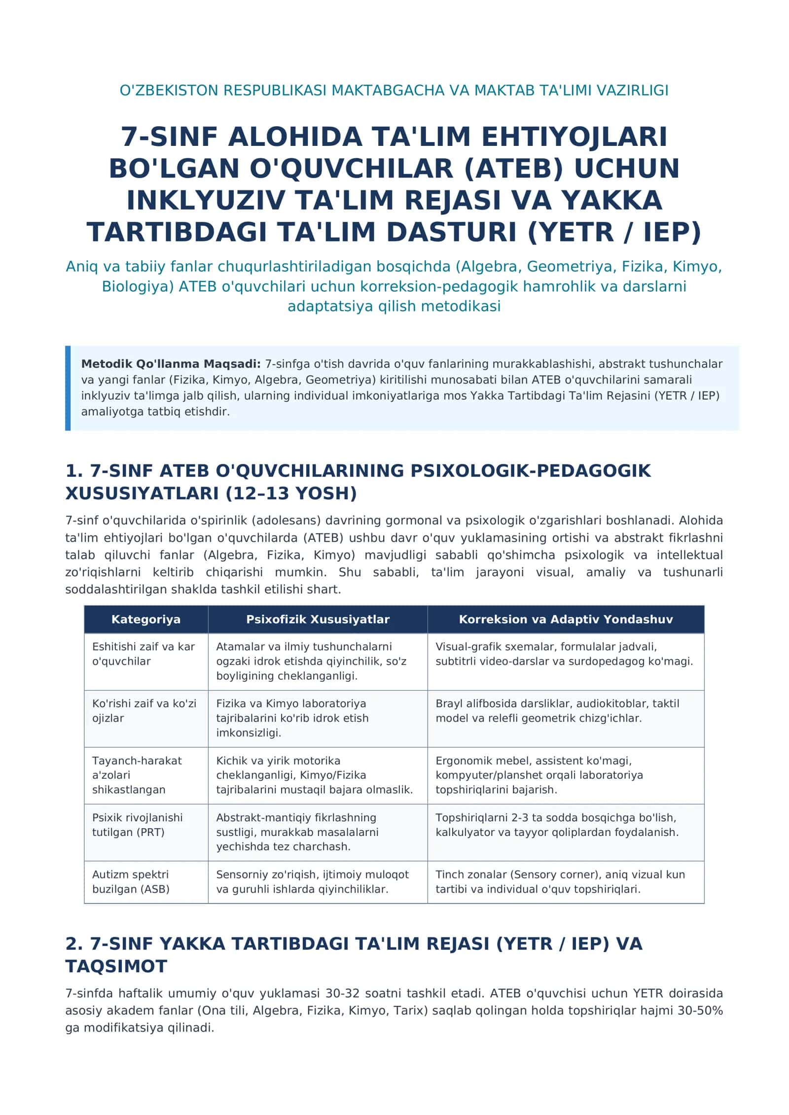 Aniq va tabiiy fanlar chuqurlashtiriladigan bosqichda ATEB o'quvchilari uchun korreksion-pedagogik hamrohlik va darslarni adaptatsiya qilish metodikasi 1