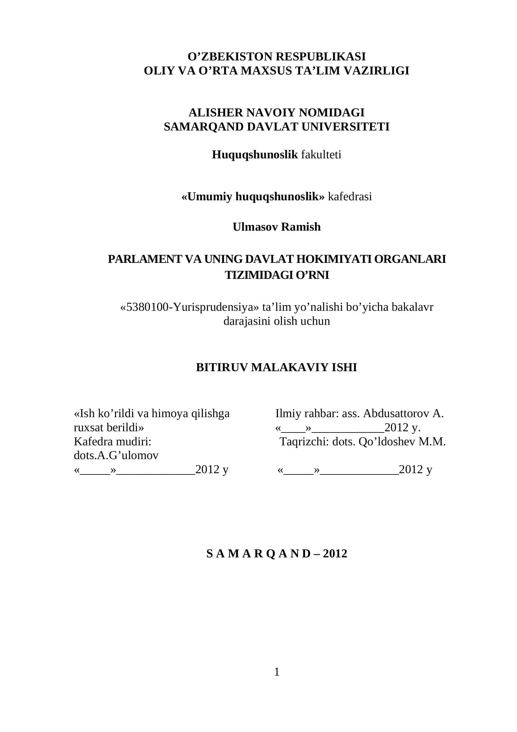Ulmasov Ramish - BITIRUV MALAKAVIY ISHI 1