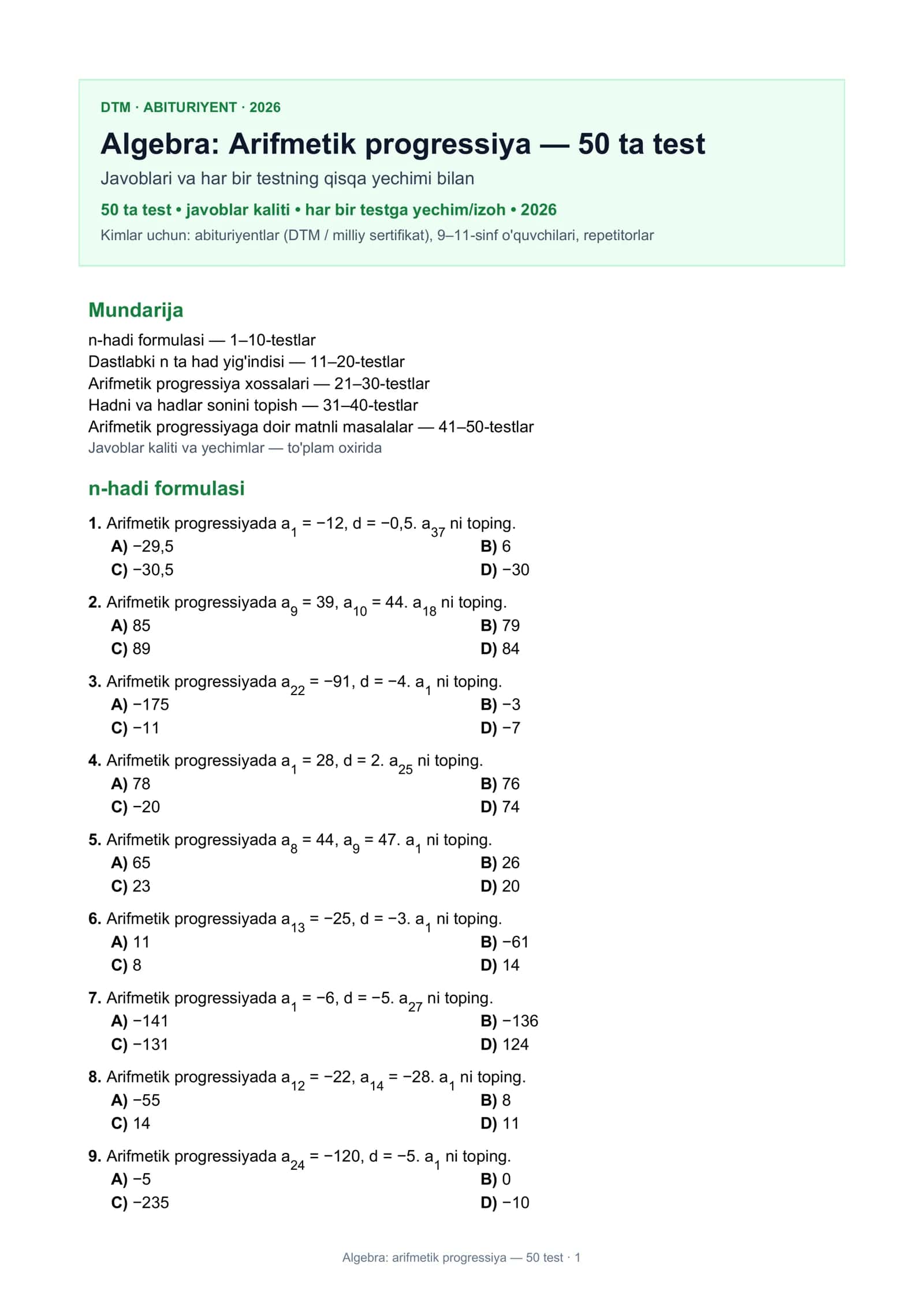 Algebra: Arifmetik progressiya 1