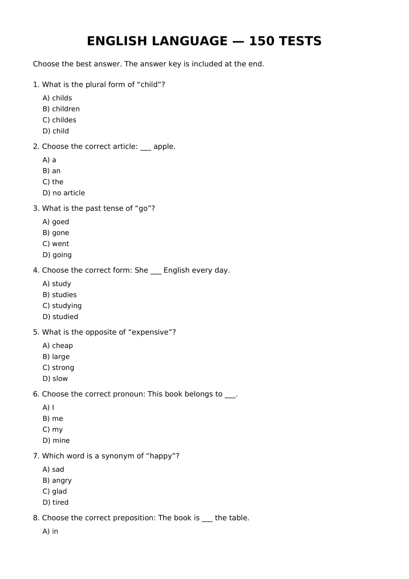 ENGLISH LANGUAGE — 150 TESTS 1